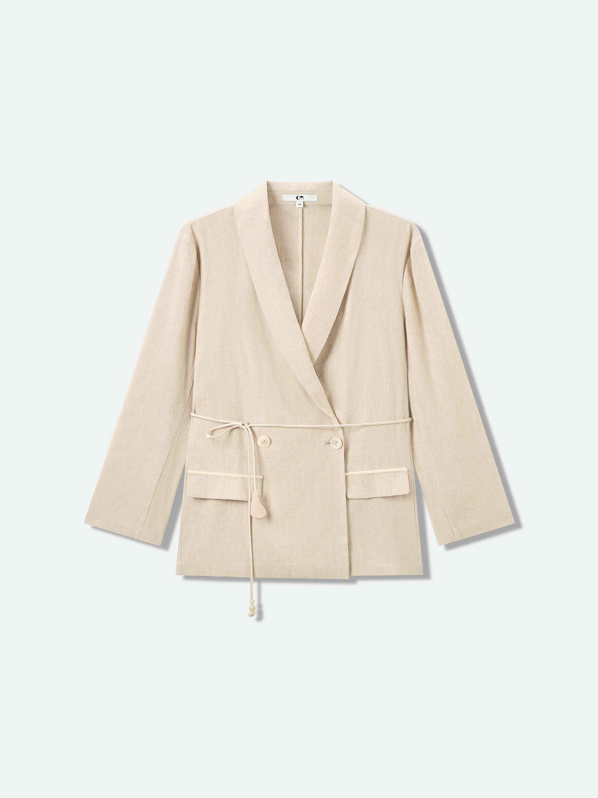 Oatmeal Linen Blend Shawl Collar Drawstring Straight Blazer