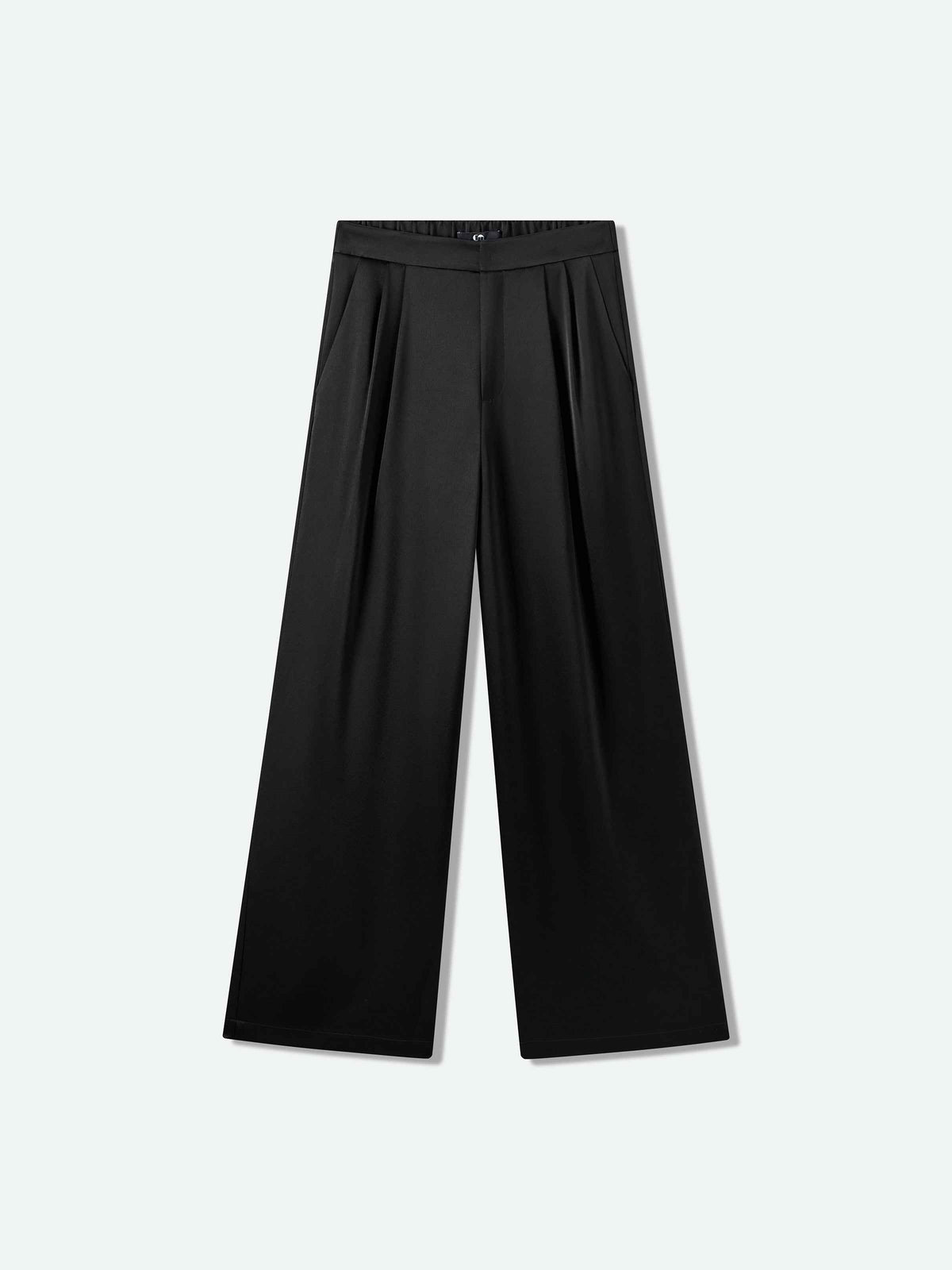 Black Water Wave Satin High-Waist Wide-Leg Trousers