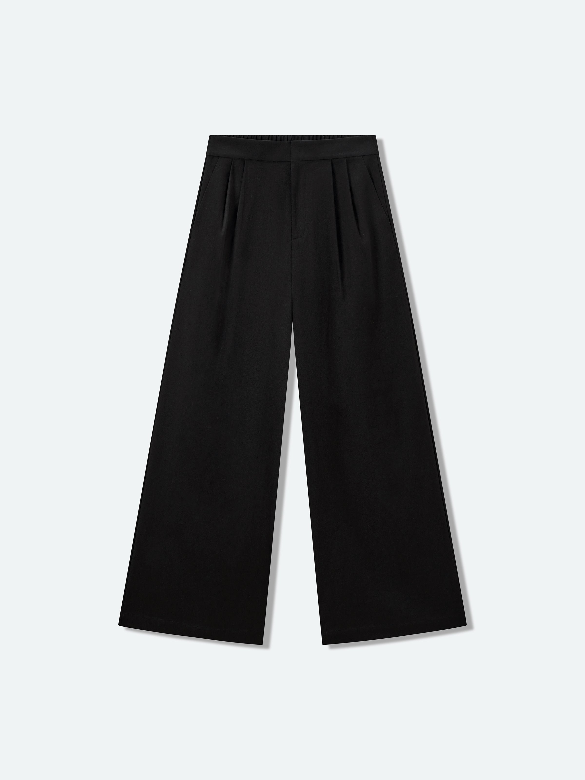 Black Linen Blend Double Pleat Wide-Leg Trousers