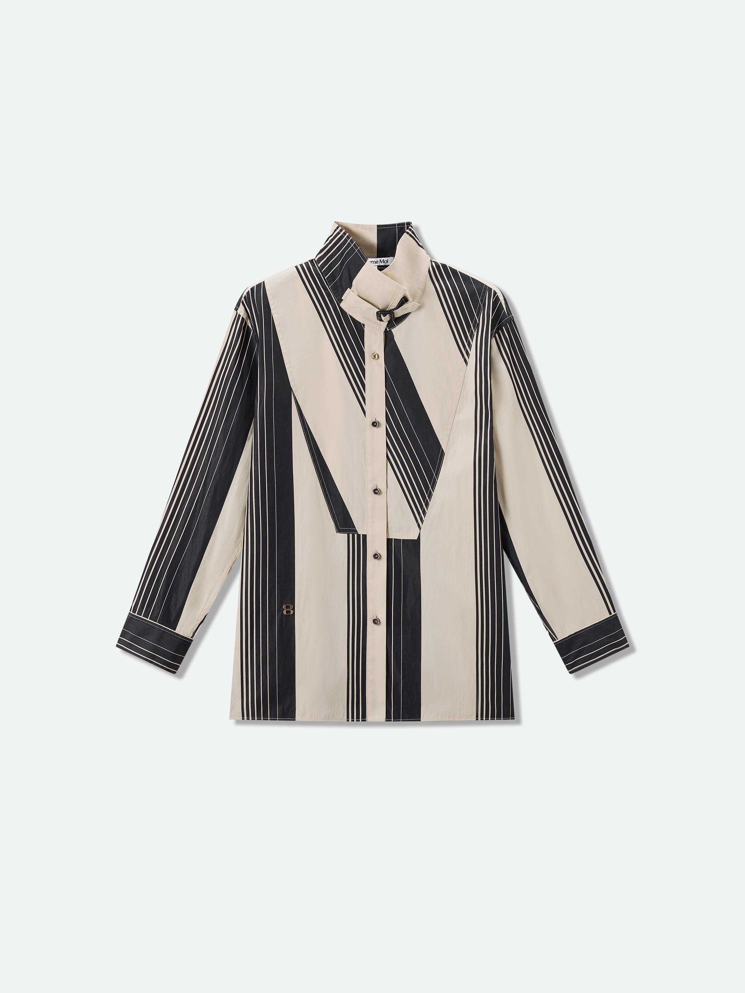 Cream and black vertical striped long-sleeve button shirt with stand collar