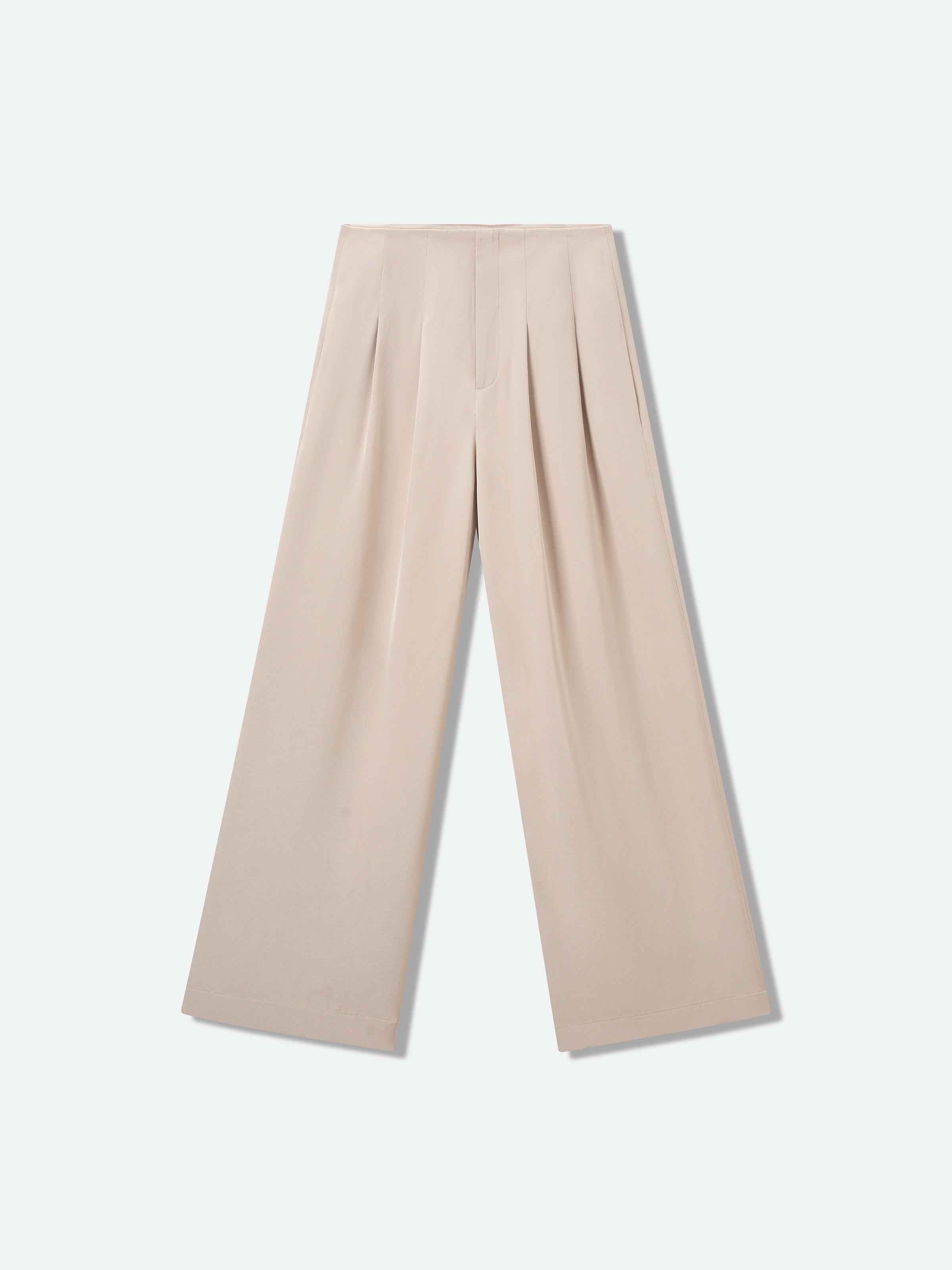Light Khaki Mulberry Silk Double Pleat Wide-Leg Trousers