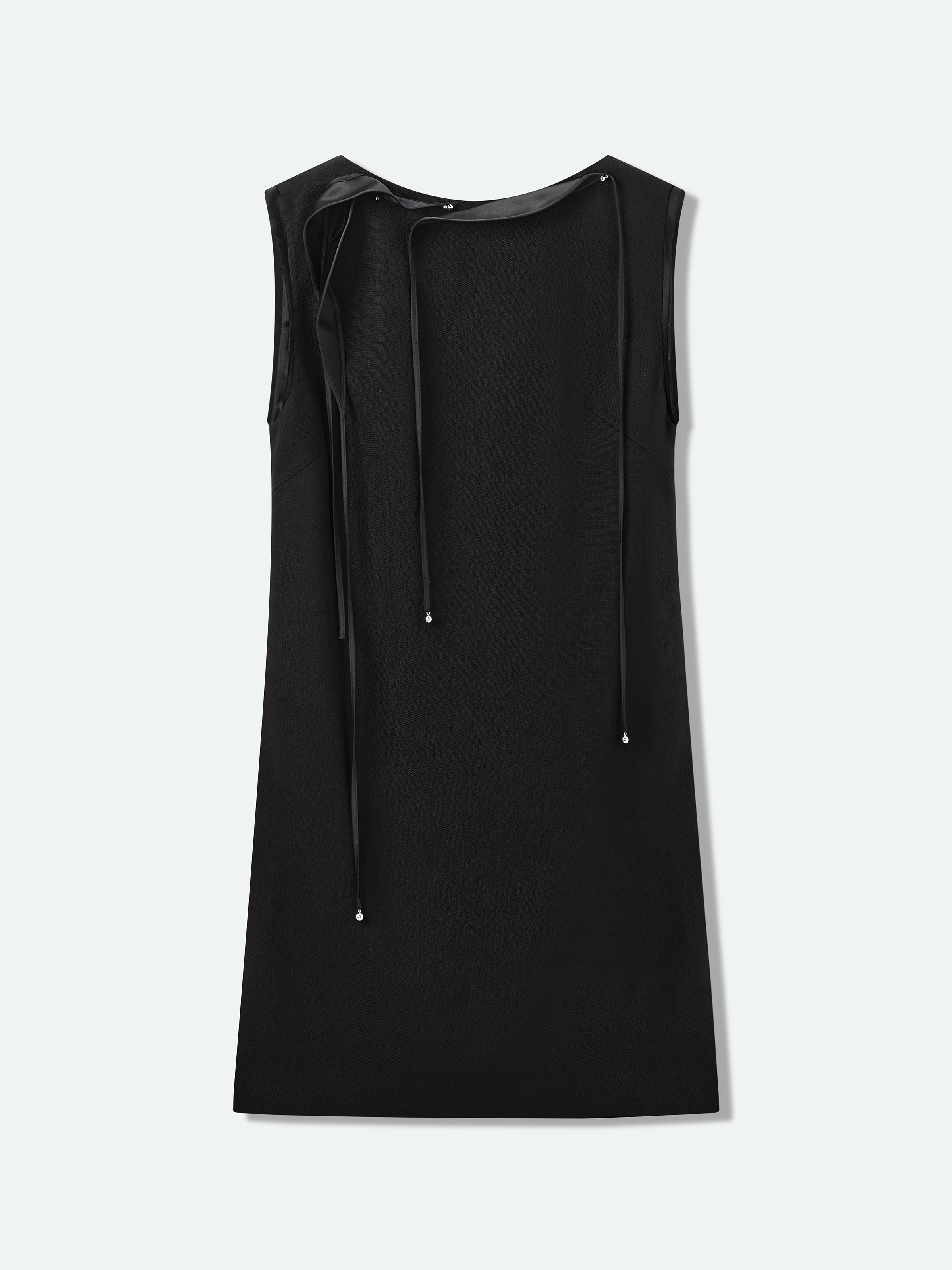 Black Diacetate Linen Weave Back V Knot Sleeveless Dress