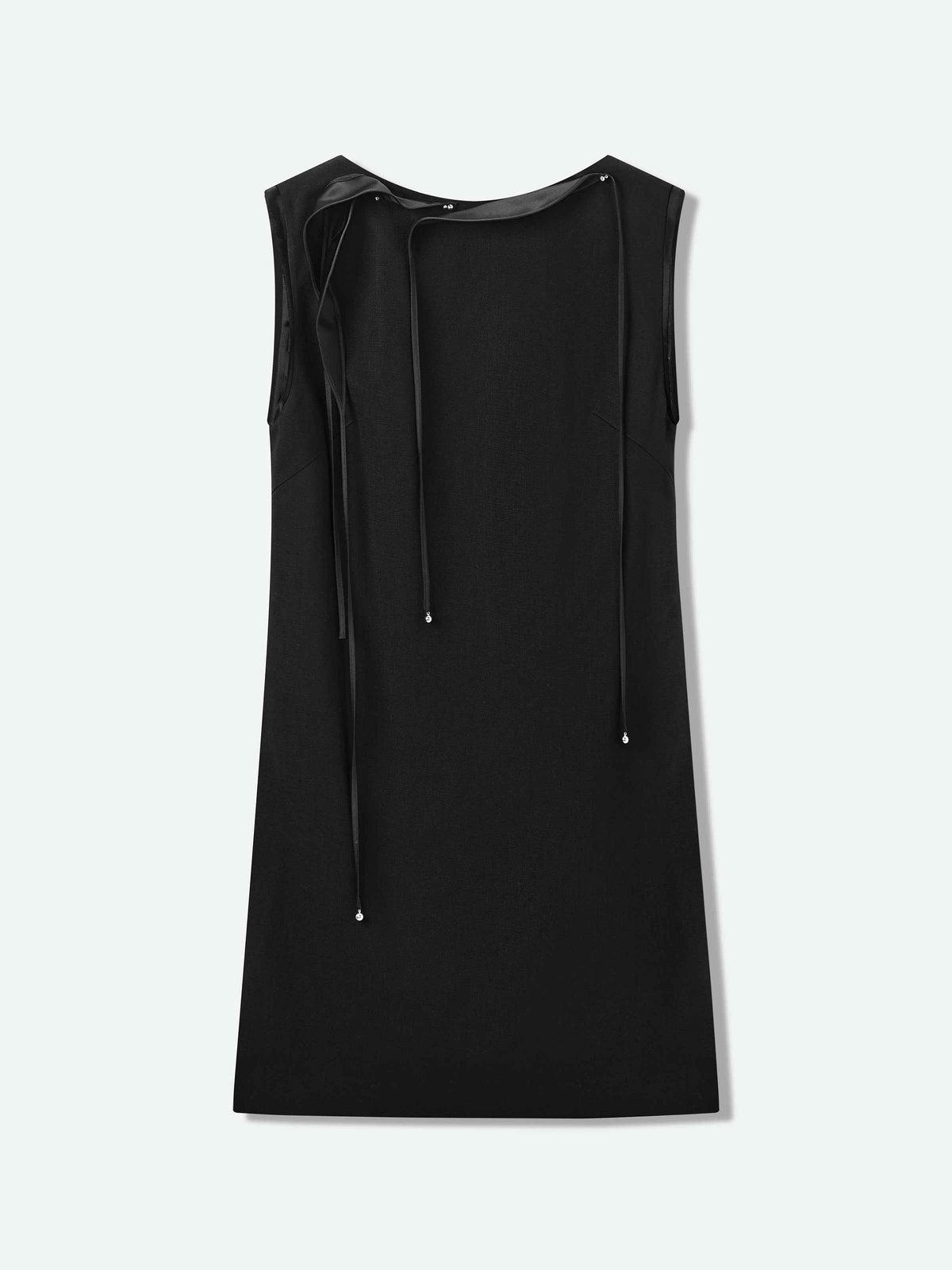 Black Diacetate Linen Weave Back V Knot Sleeveless Dress