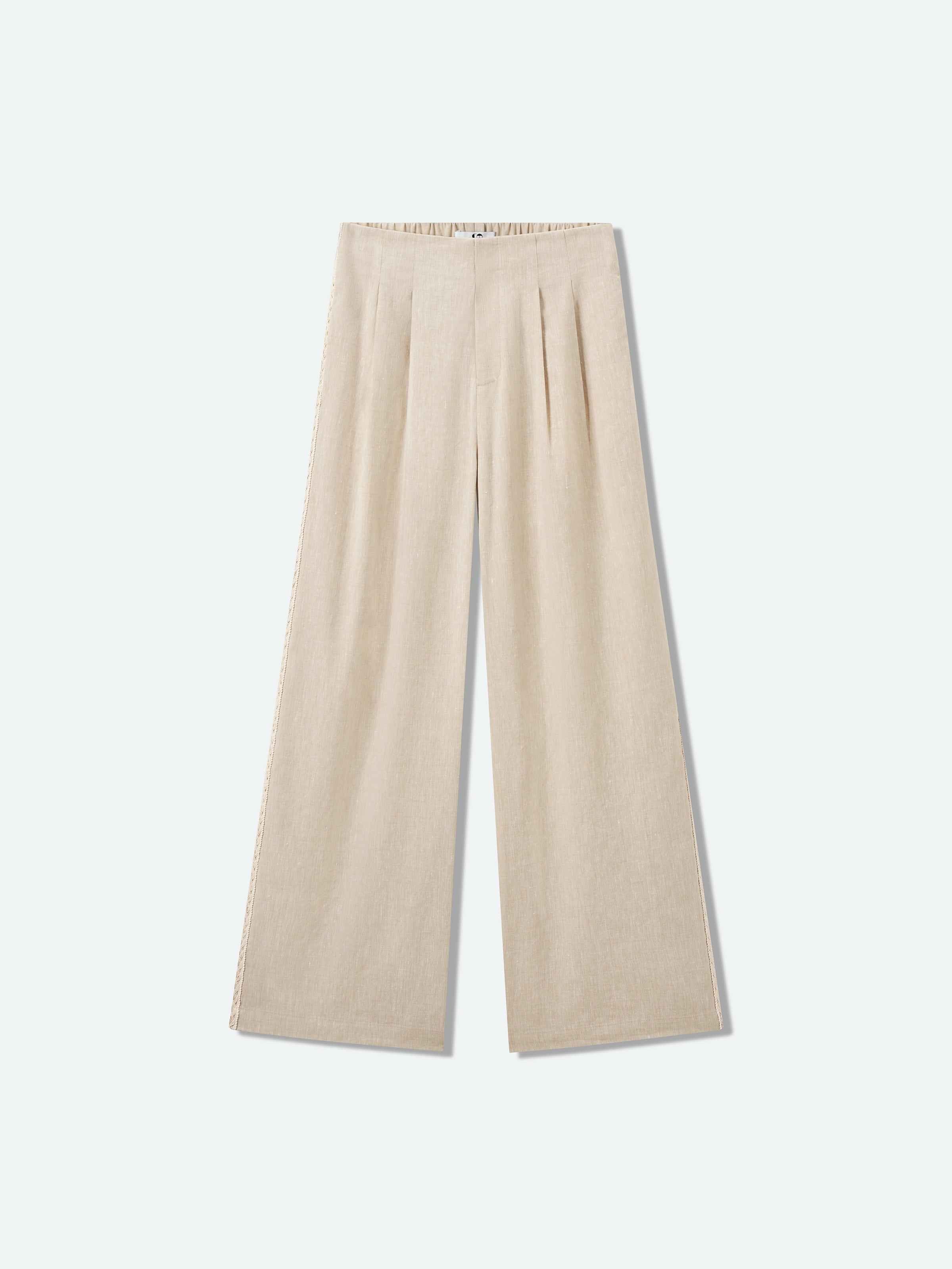 Oatmeal Linen Blend Double Pleat Wide-Leg Trousers