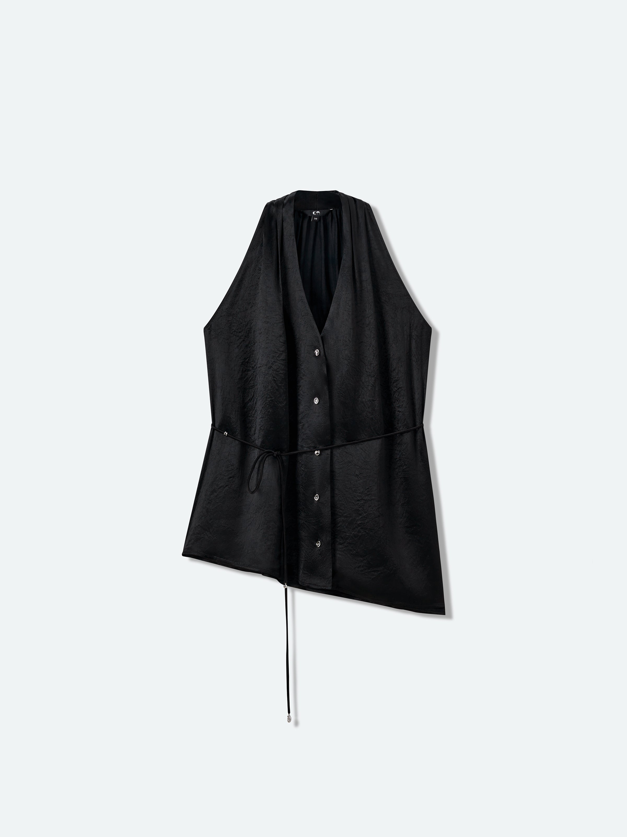 Black Acetate Satin Halter V-Neck Belt Waist Sleeveless Top