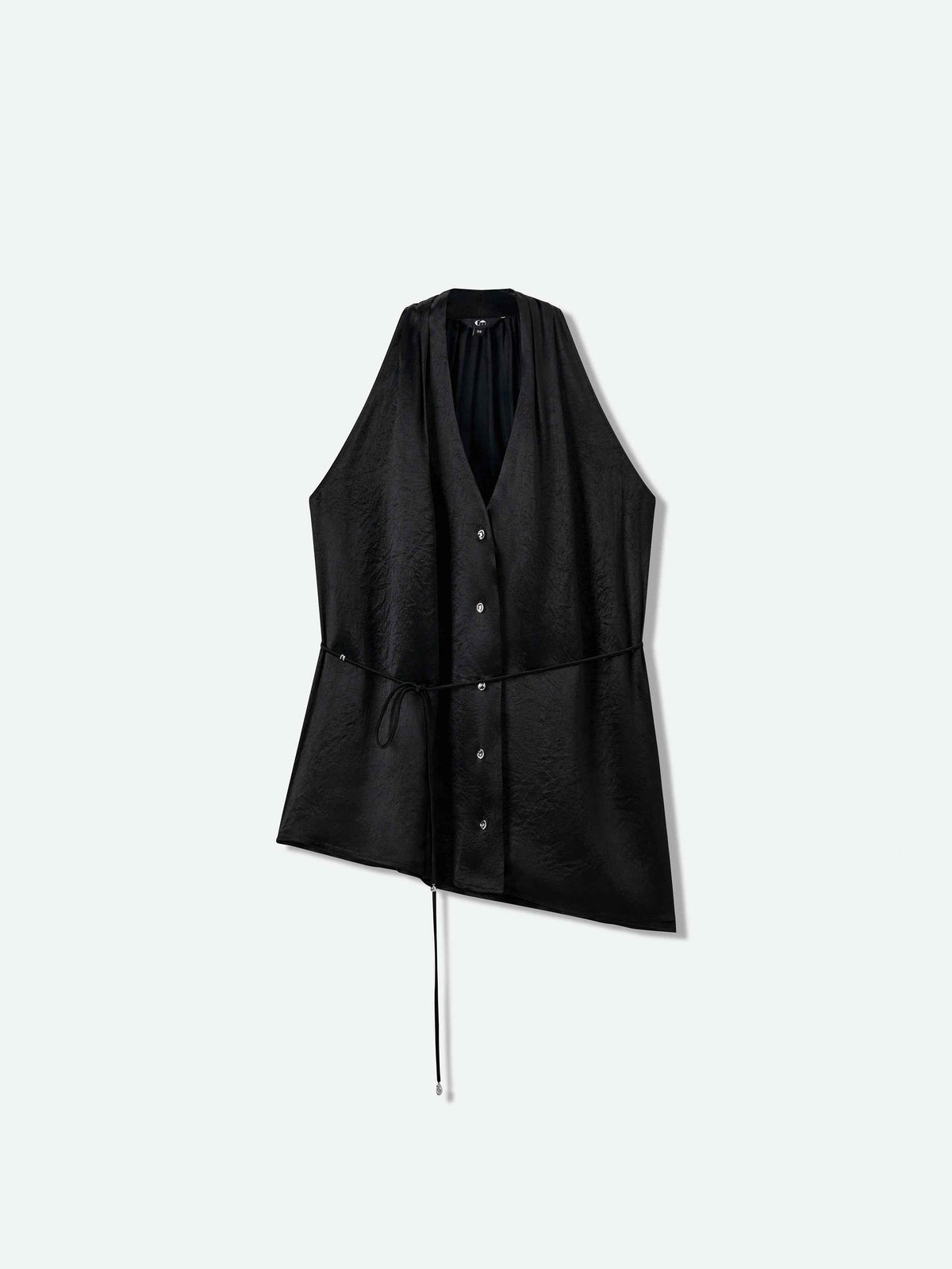 Black Acetate Satin Halter V-Neck Belt Waist Sleeveless Top
