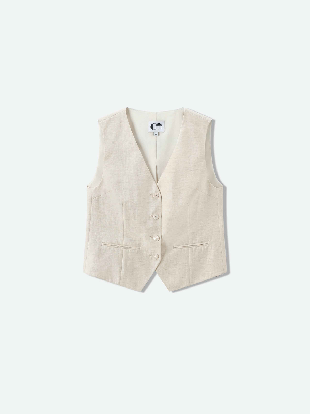 Cream White Linen Cropped V-Neck Slanted Hem Vest
