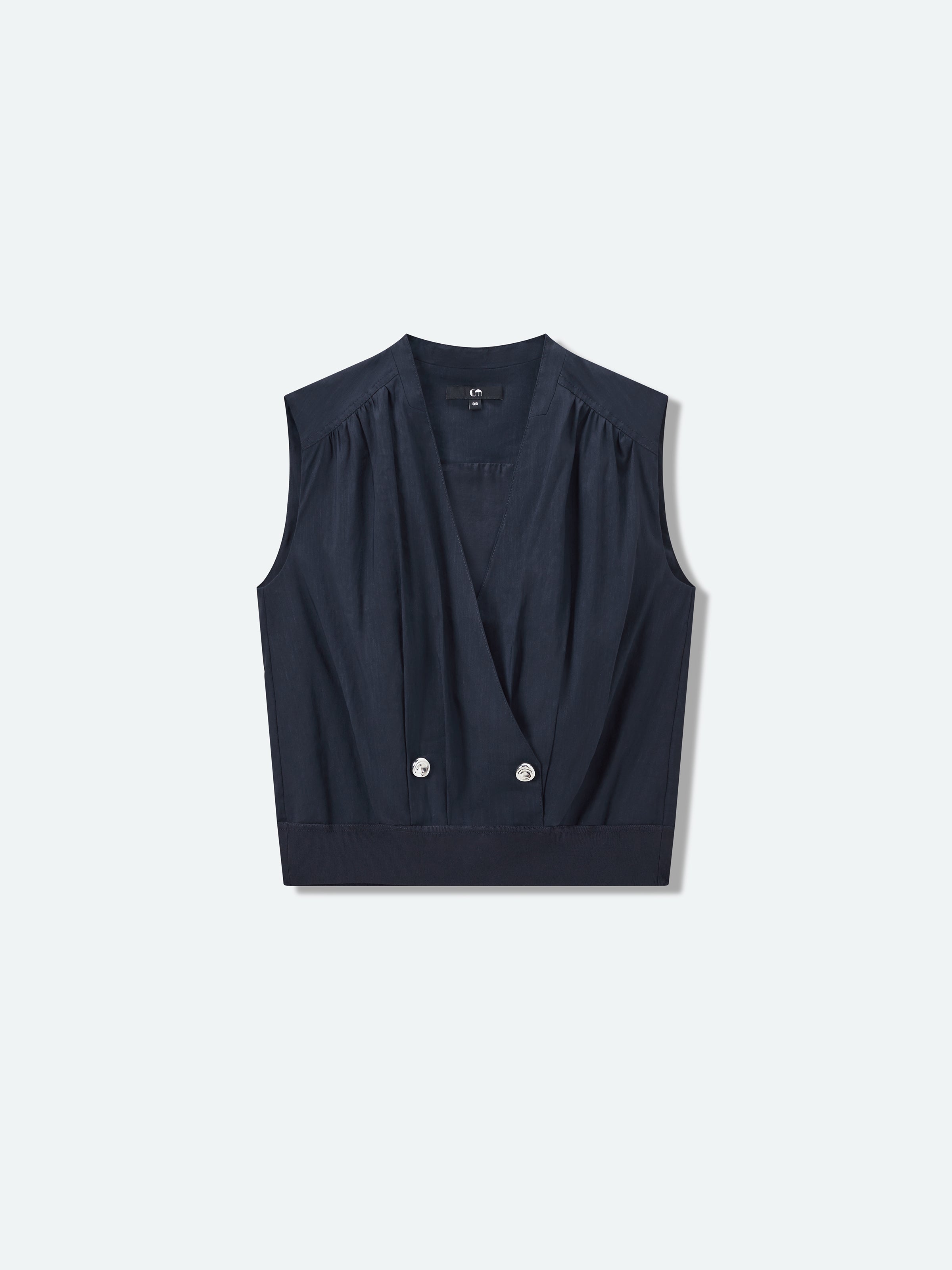 Navy Blue Linen Blend Cropped V-Neck Ribbed Sleeveless Top