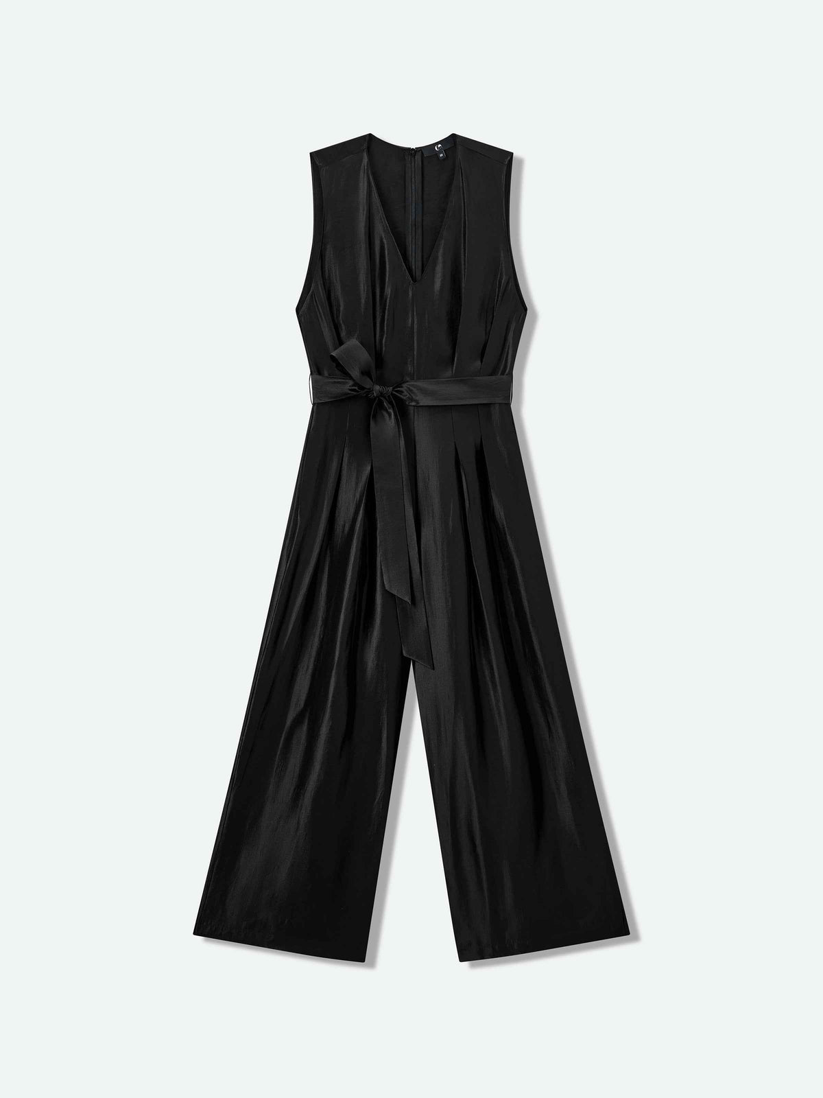 Black Shiny Silk Fitted Waist Wide Streamer Jumpsuit