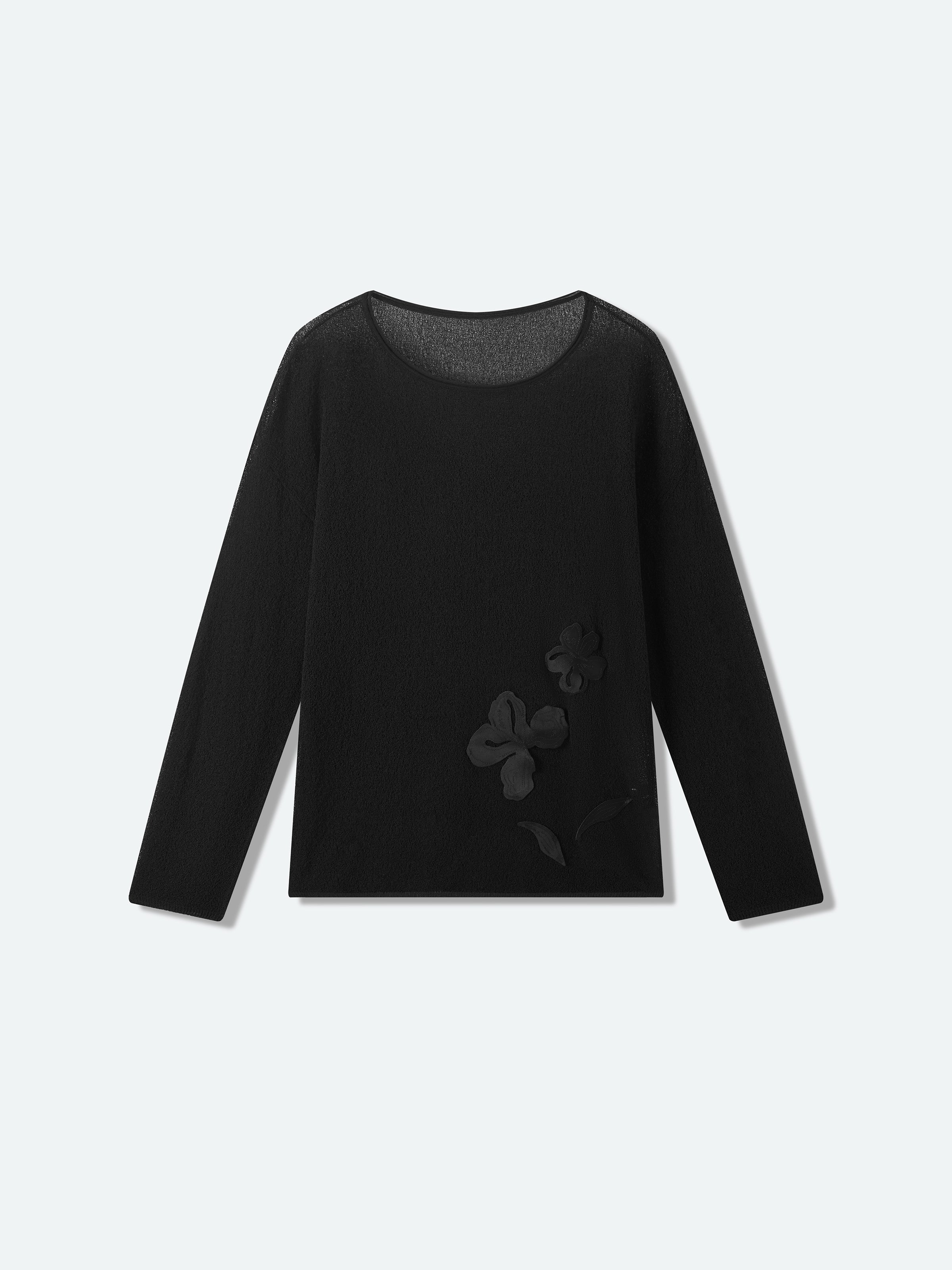 Black Italian Viscose Boat Neck Floral Knit Pullover