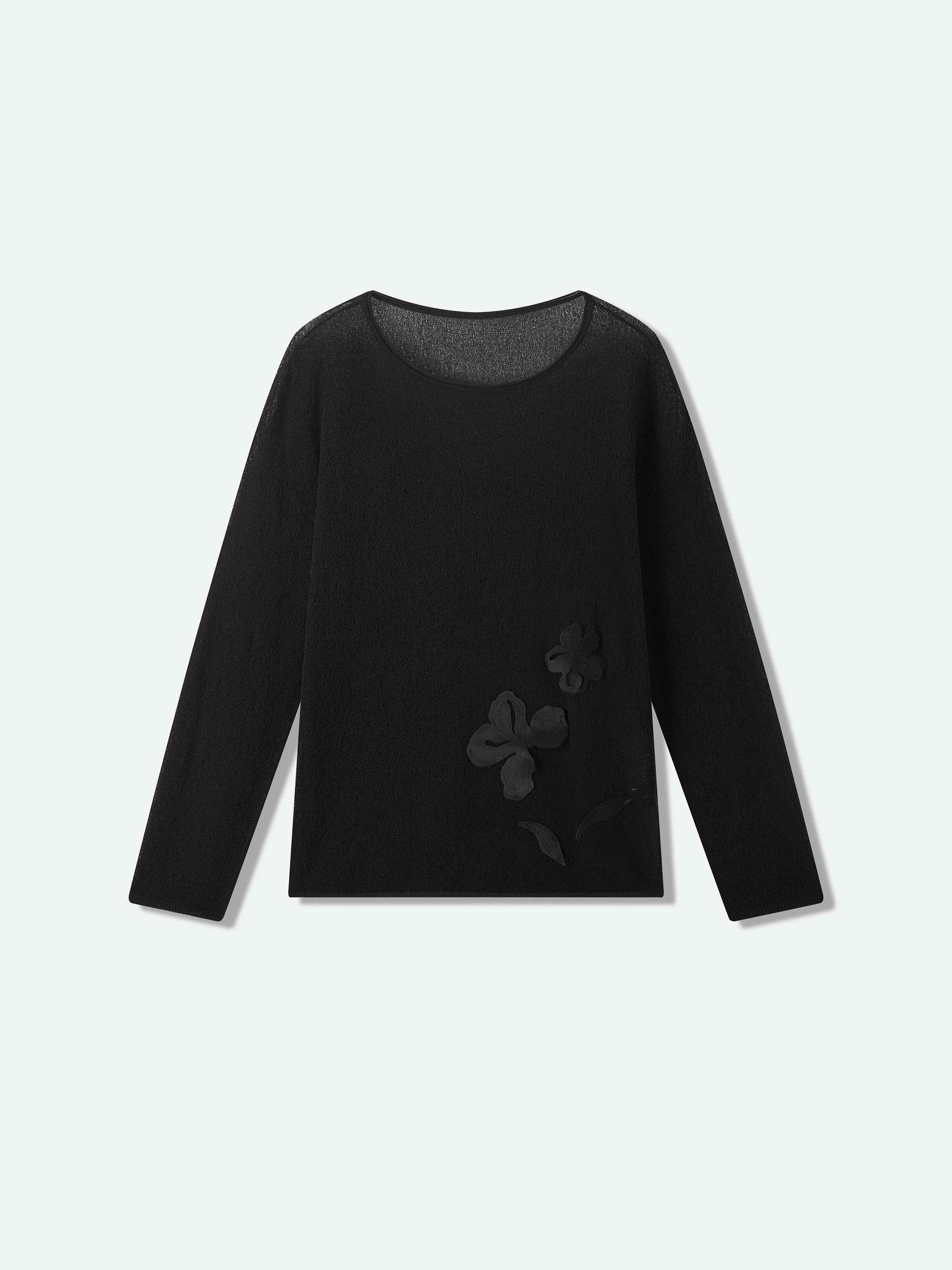 Black Italian Viscose Boat Neck Floral Knit Pullover
