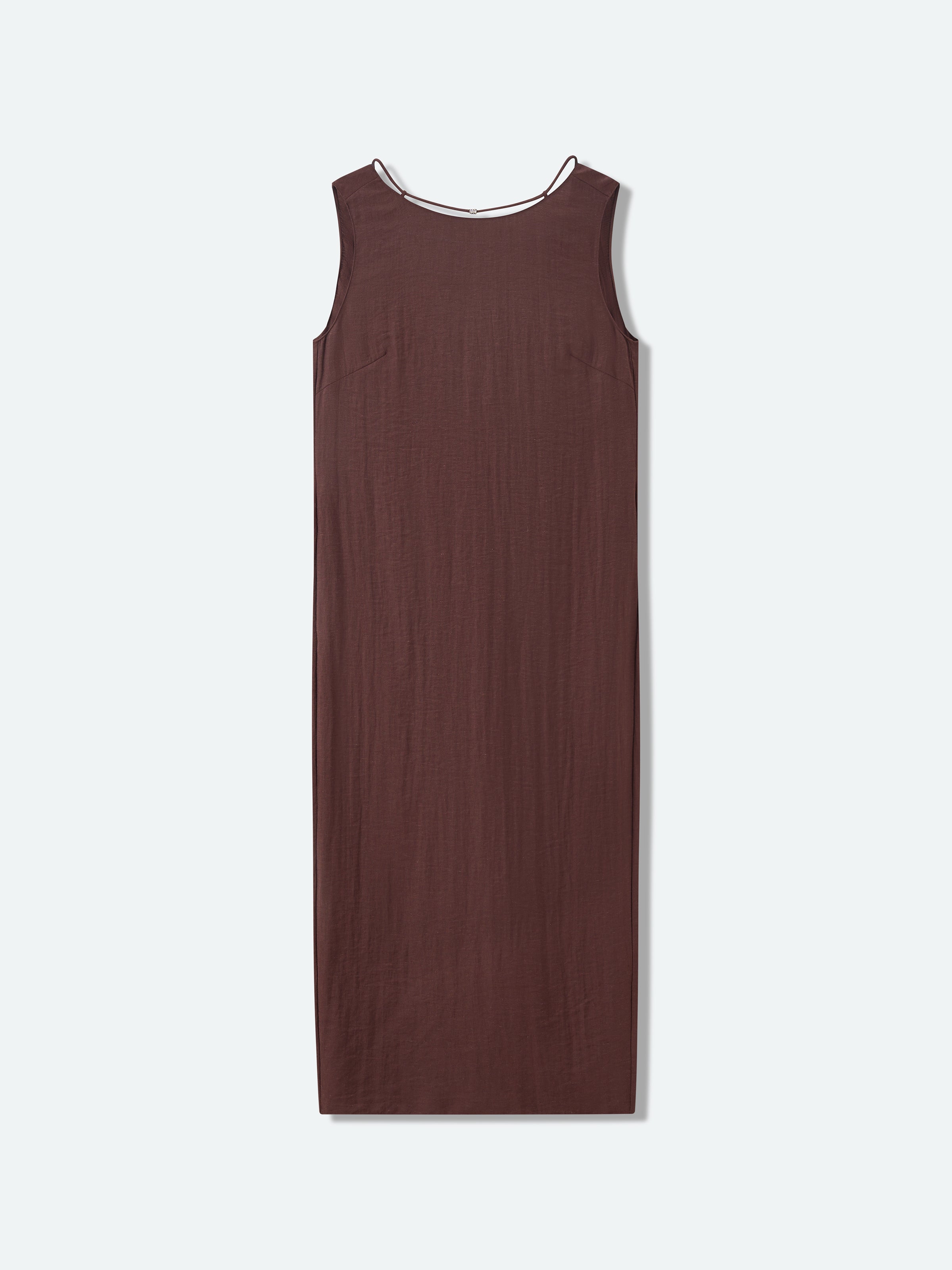 Coffee Brown Linen Blend Drawstring V Knot Cocoon Dress