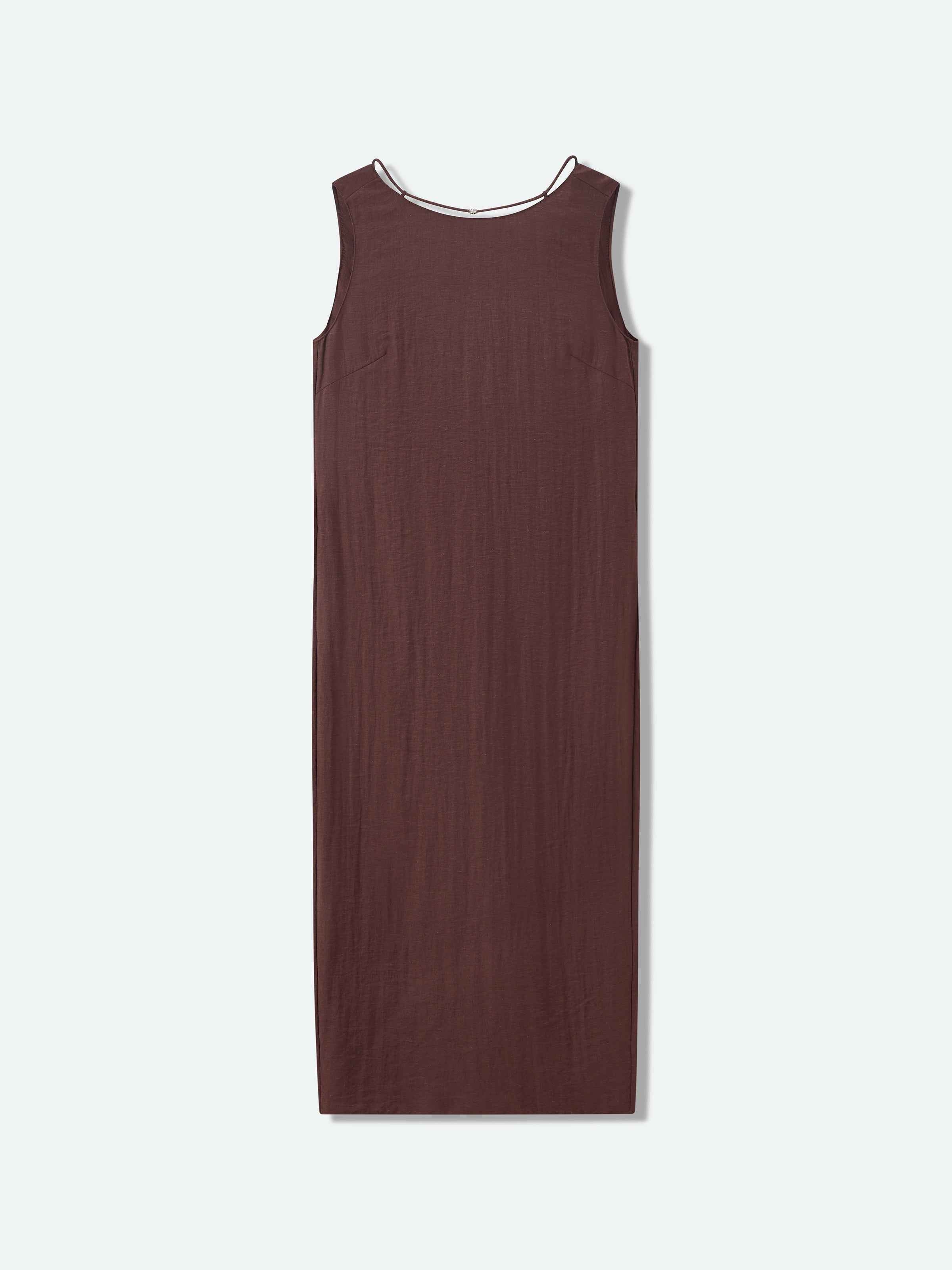 Coffee Brown Linen Blend Drawstring V Knot Cocoon Dress