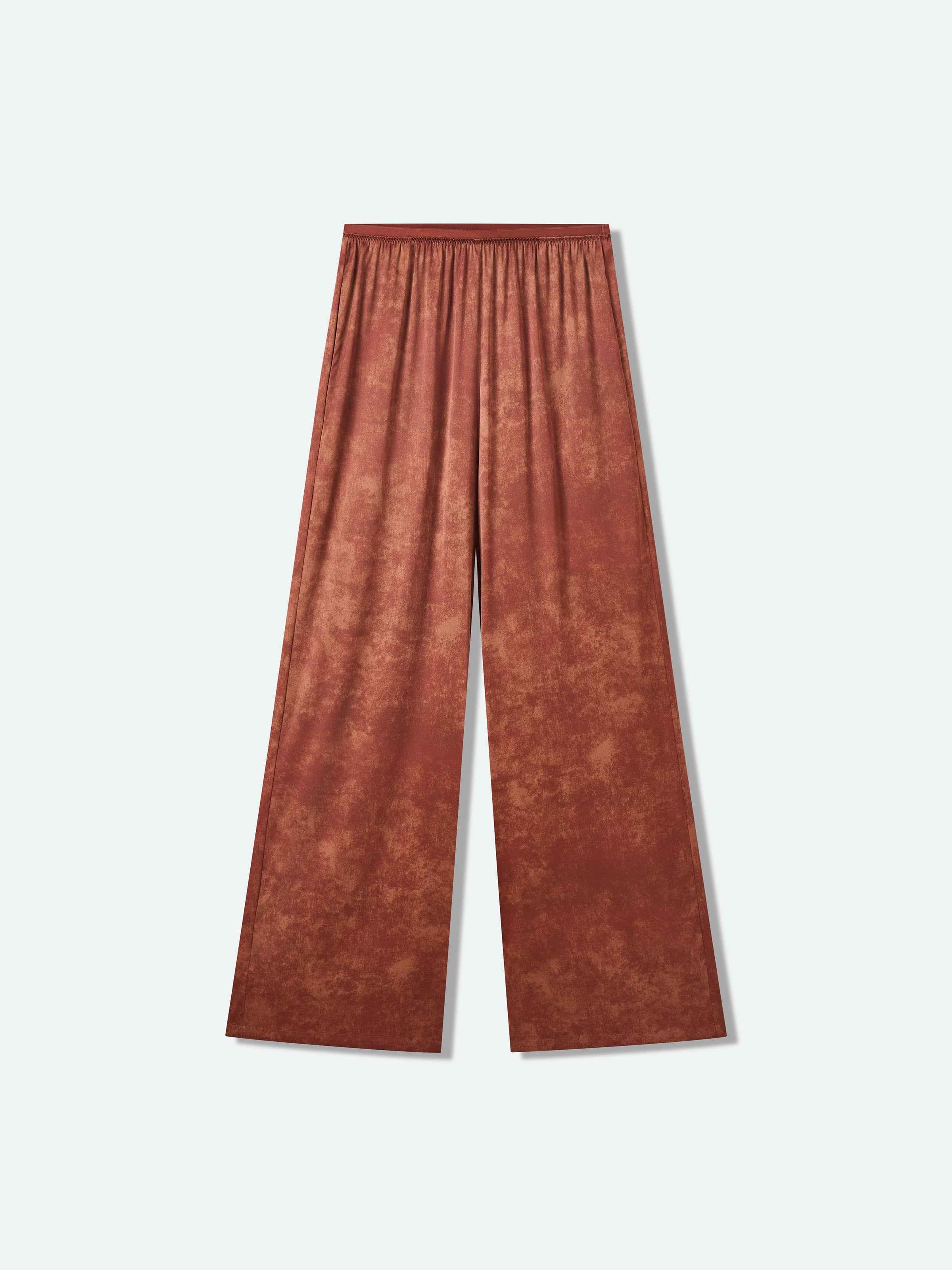 Dark Red Stretch Mulberry Satin Ruched Wide-Leg Trousers