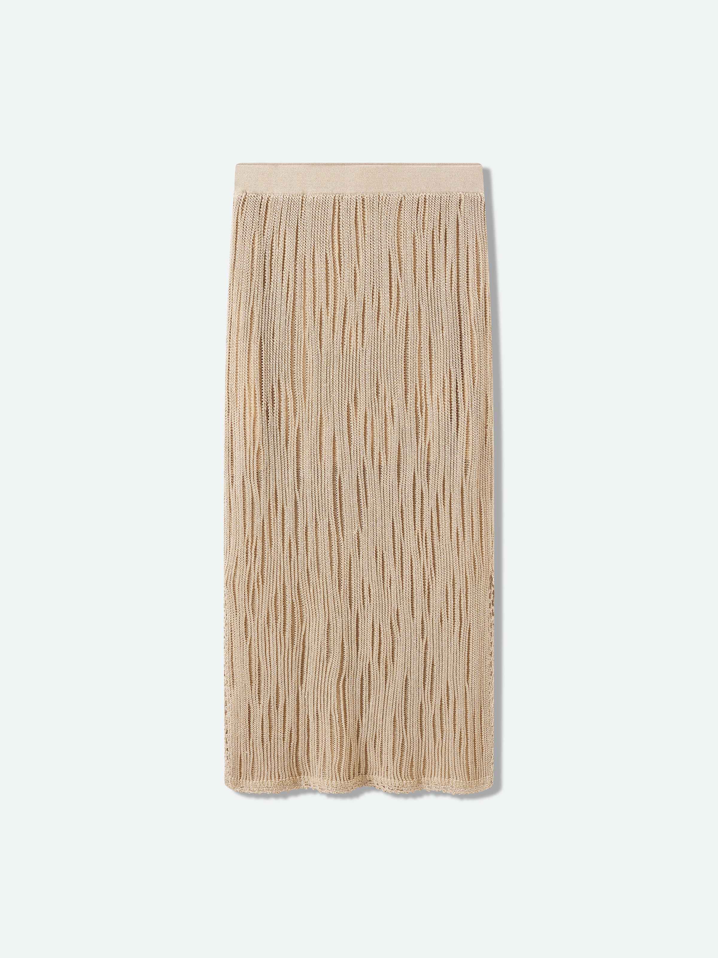 Light Khaki Openwork Lace Trim Side Slit Knit Skirt