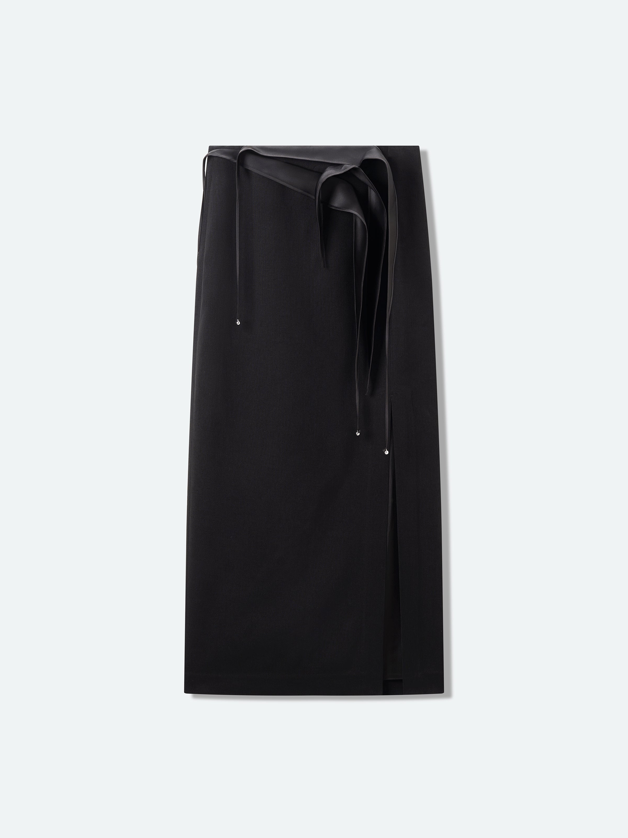 Black Diacetate Linen Weave Front Slit Straight Midi Skirt
