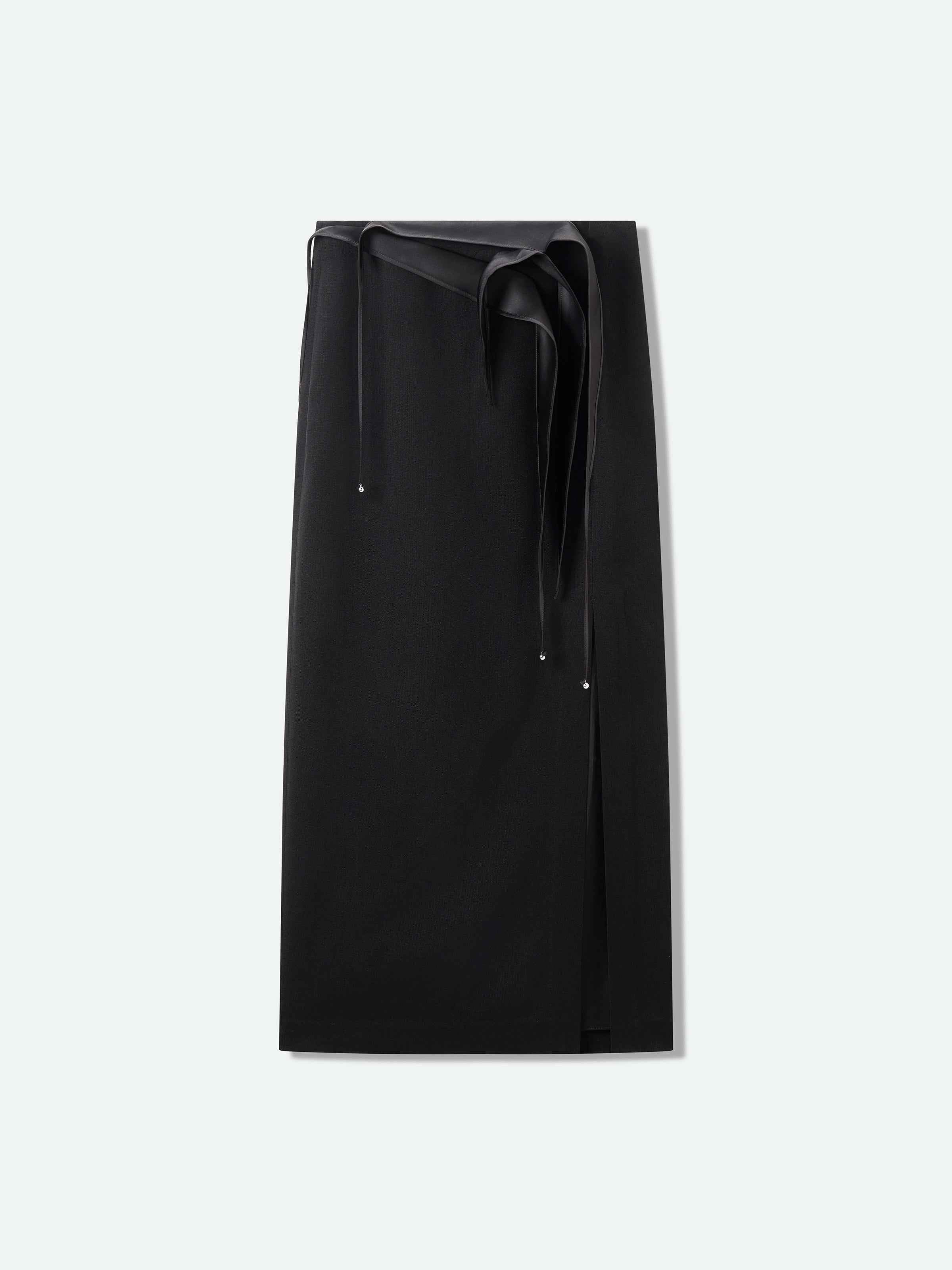 Black Diacetate Linen Weave Front Slit Straight Midi Skirt
