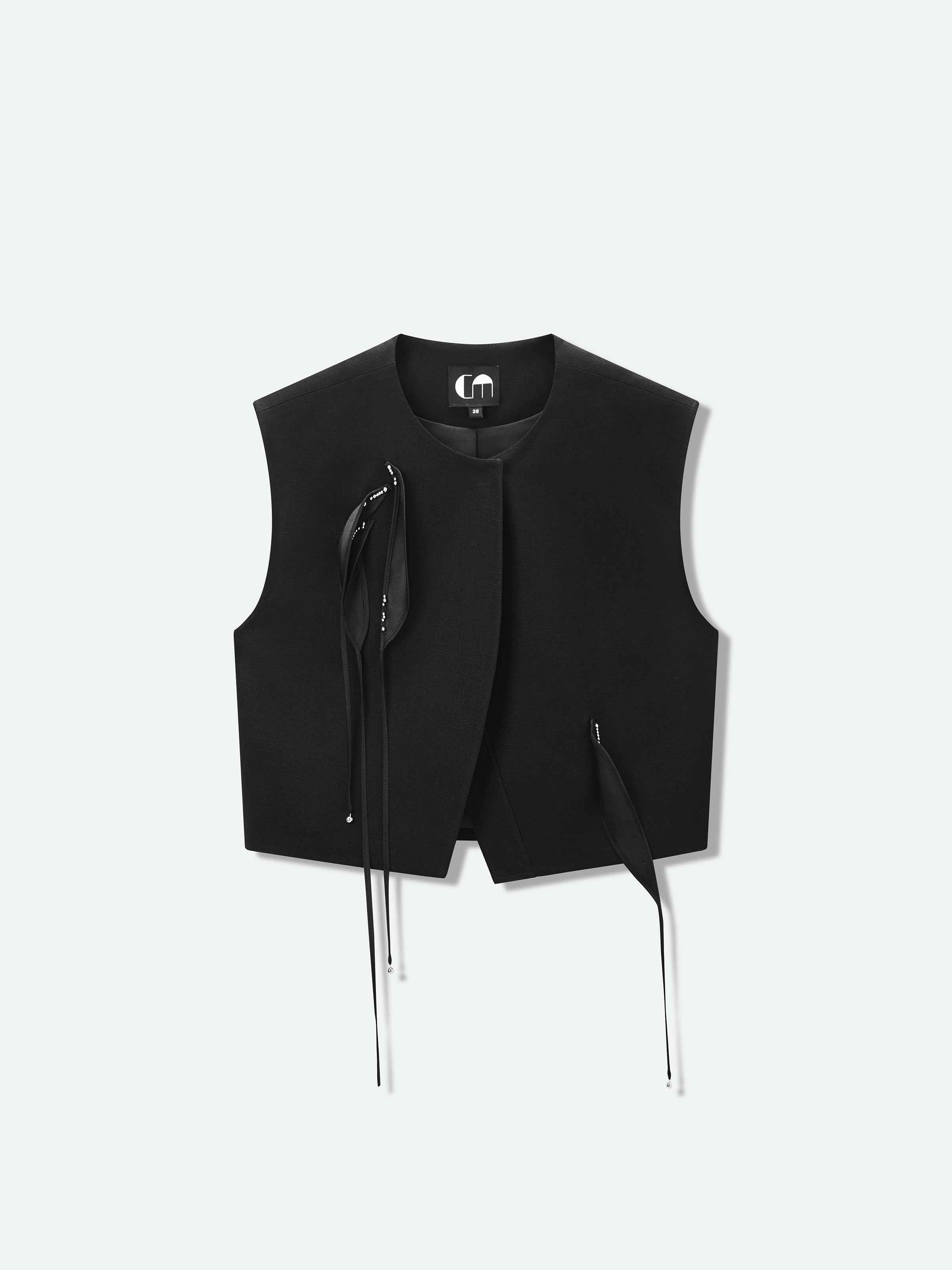 Black Diacetate Linen Weave Cropped Straight Short Vest