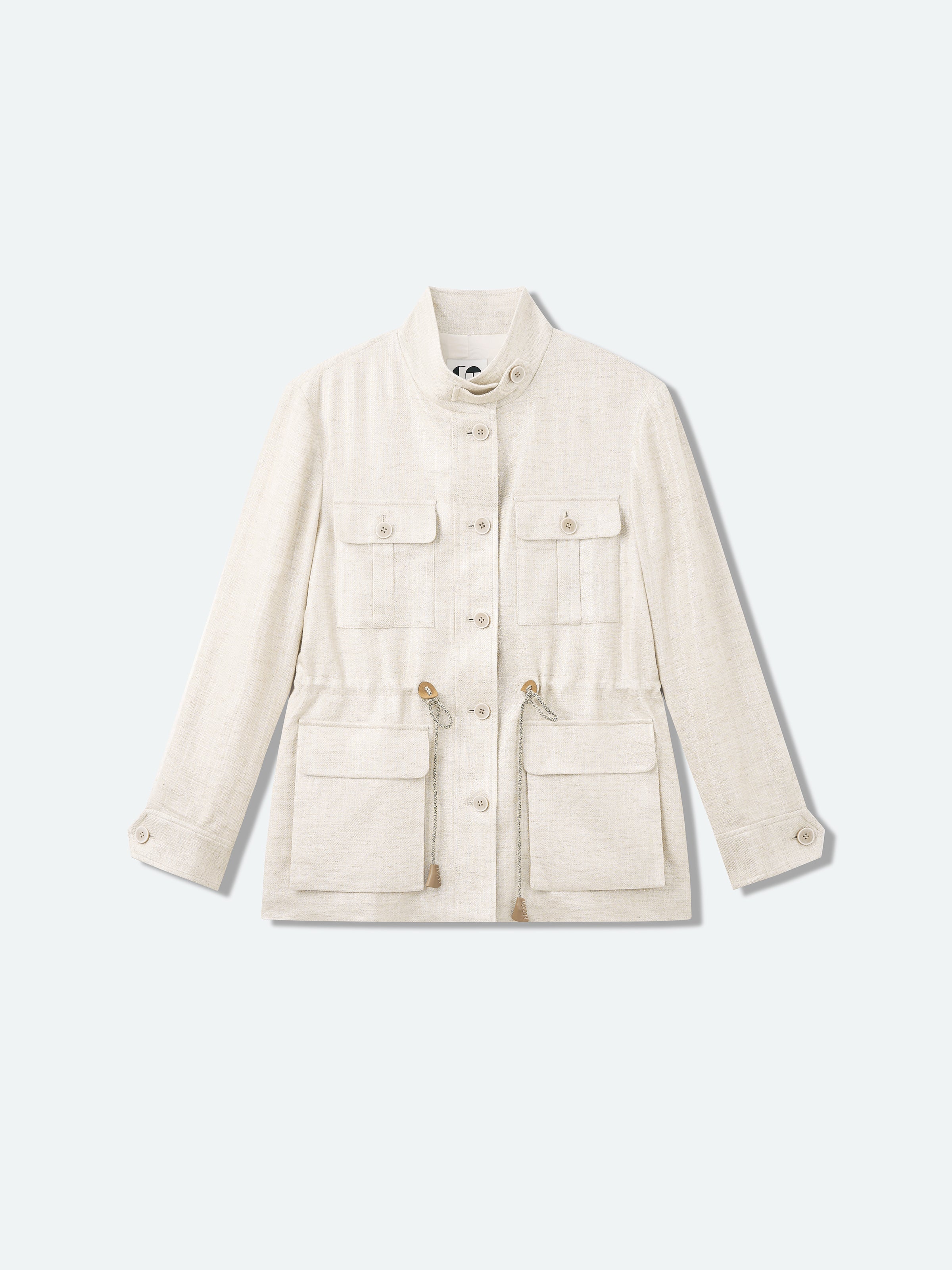 Beige Shimmering Linen Viscose Drawstring Stand Collar Jacket