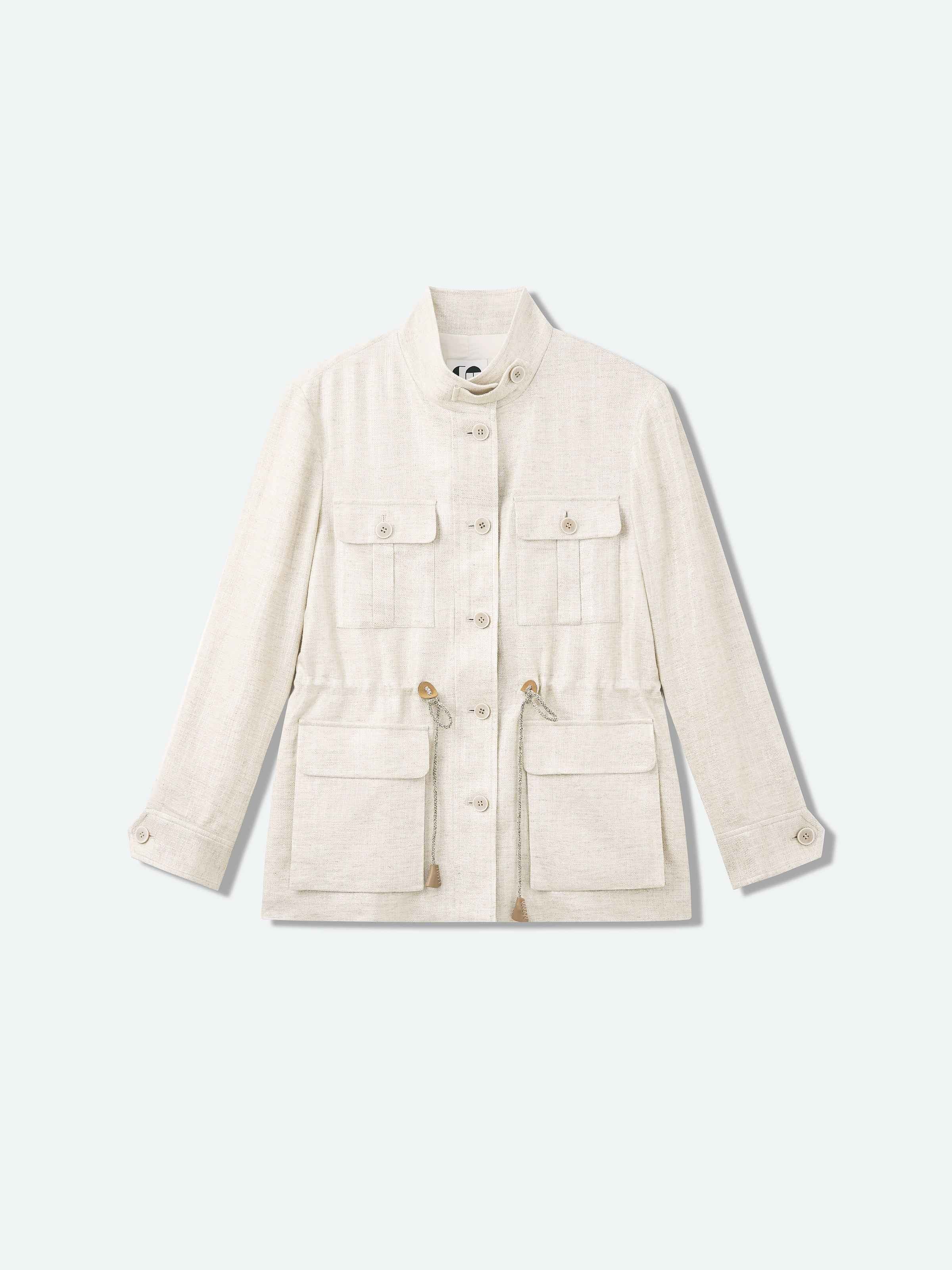 Beige Shimmering Linen Viscose Drawstring Stand Collar Jacket