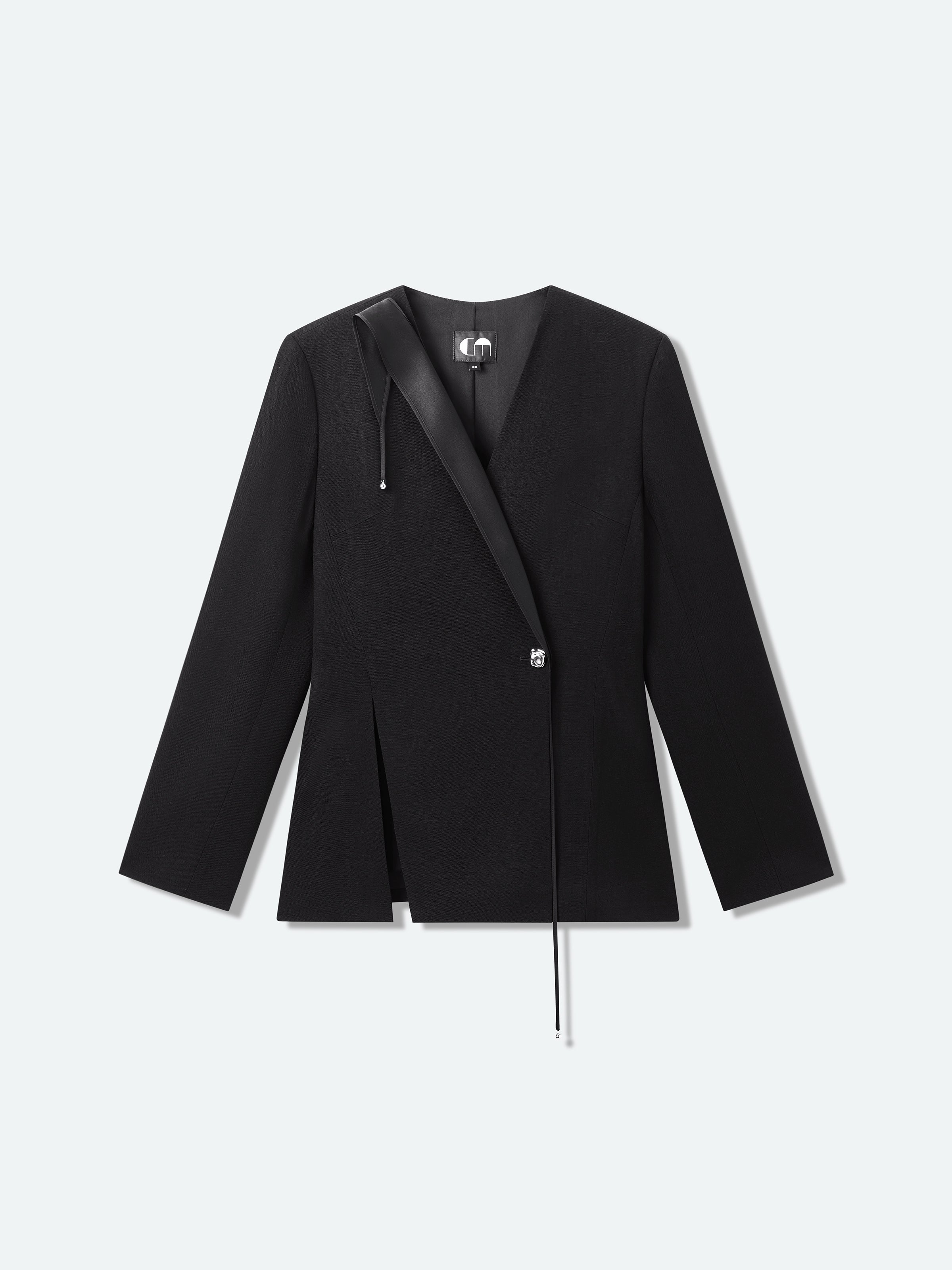 Black Diacetate Linen Weave V-Neck Metal Hardware Blazer