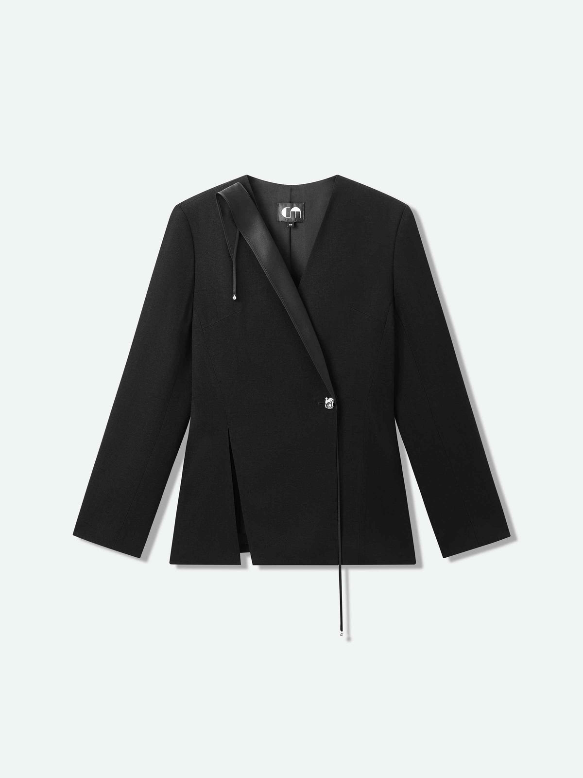 Black Diacetate Linen Weave V-Neck Metal Hardware Blazer