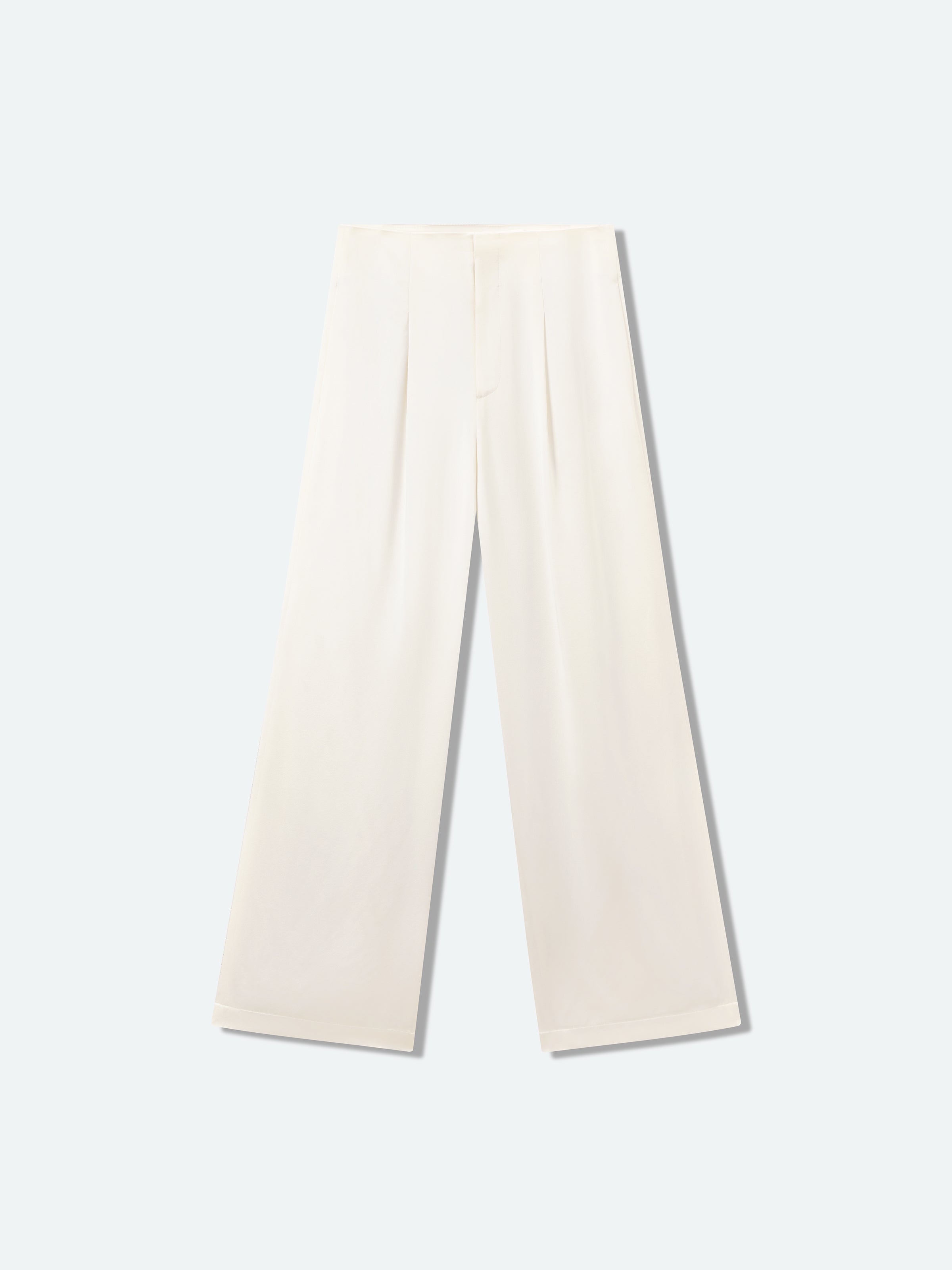 Beige Yellow Mulberry Silk Satin Double Pleat Wide-Leg Trousers