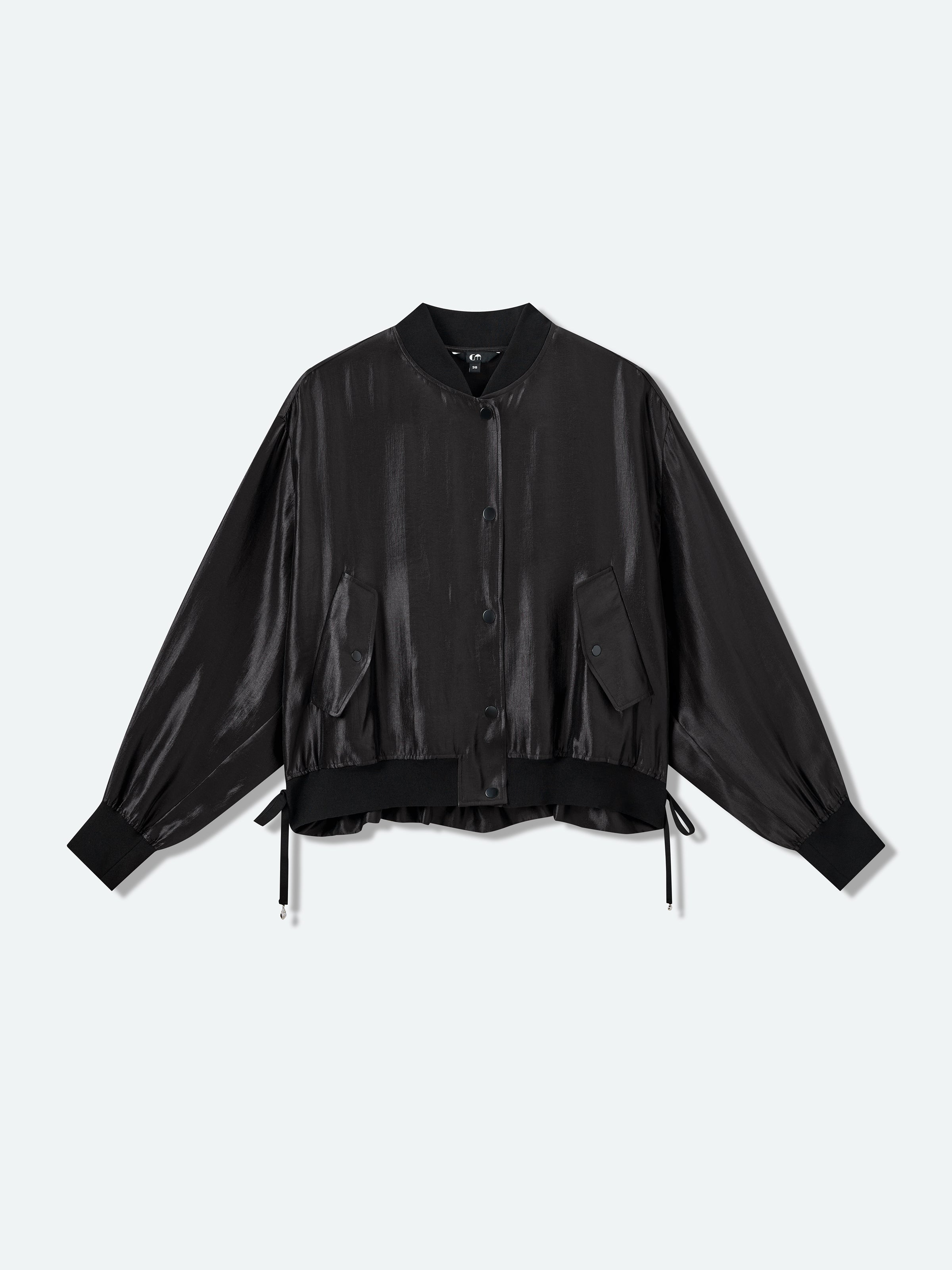 Black Shiny Silk Cropped Drop-Shoulder Drawstring Jacket