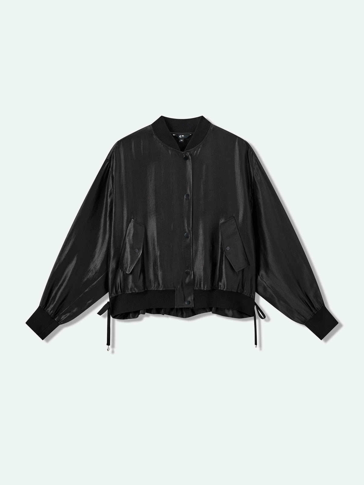 Black Shiny Silk Cropped Drop-Shoulder Drawstring Jacket