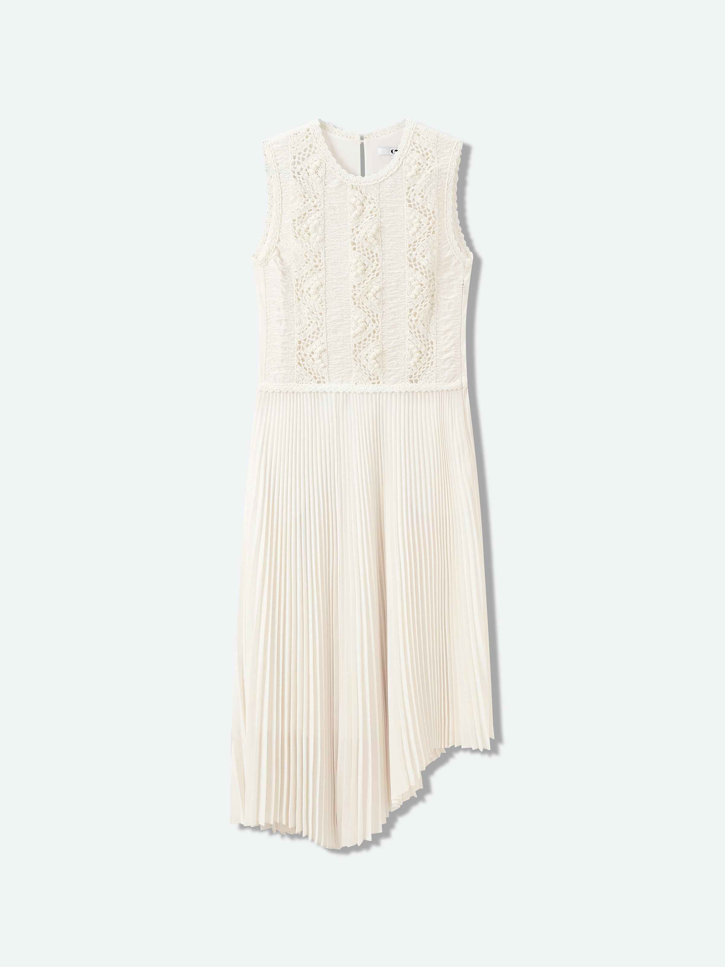 Cream White Pima Cotton Crocheted Flower Splice Sleeveless Dress