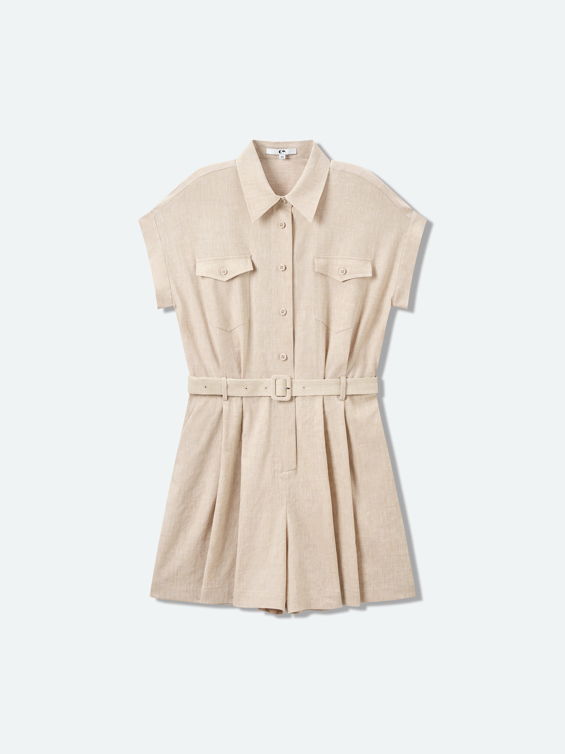 Oatmeal Linen Blend Drop-Shoulder D-Ring Belt Romper