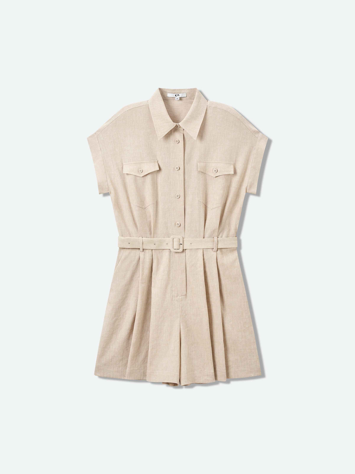Oatmeal Linen Blend Drop-Shoulder D-Ring Belt Romper