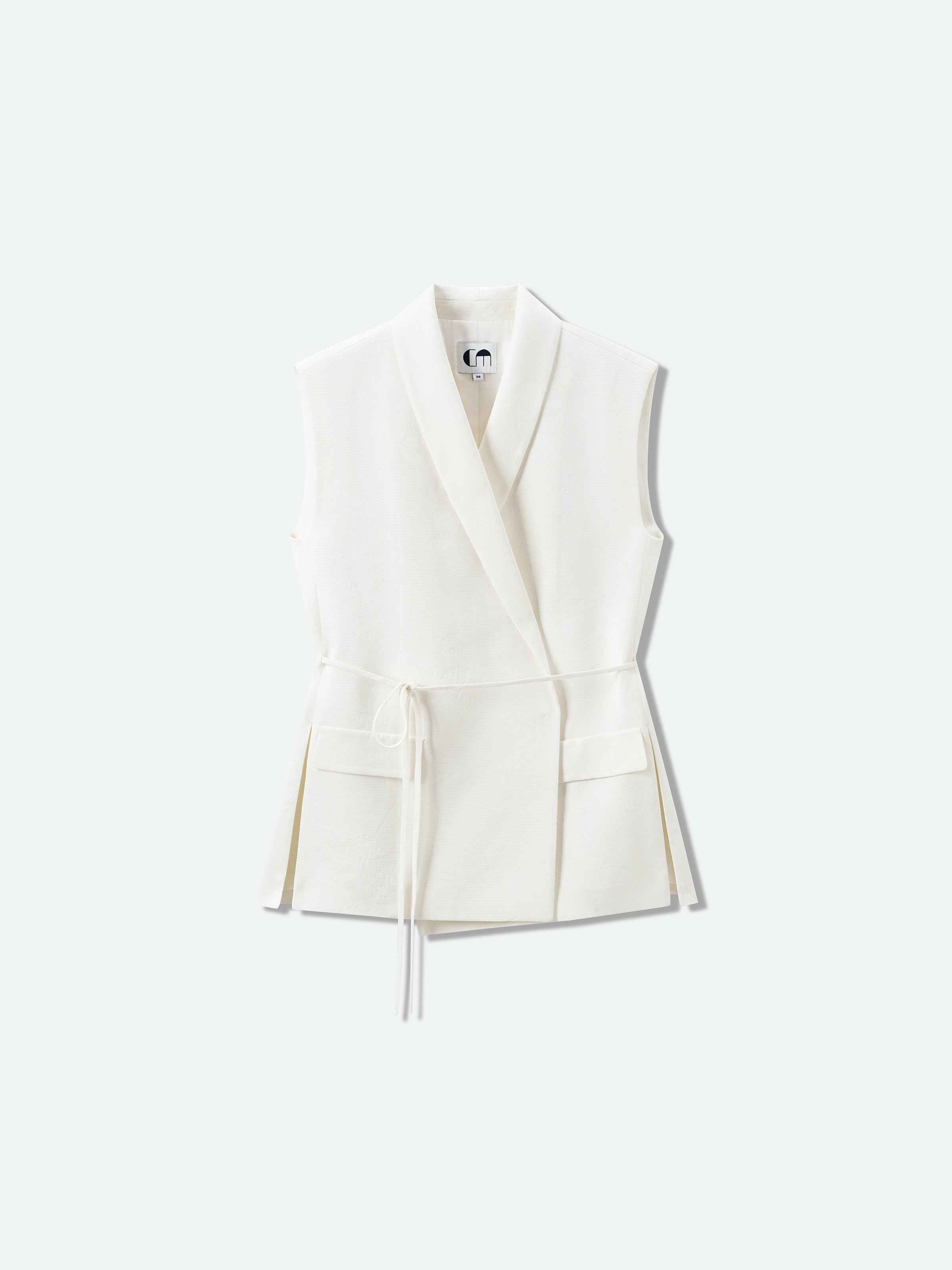 Cream White Rayon Jacquard Shawl Collar Self-Tie Vest