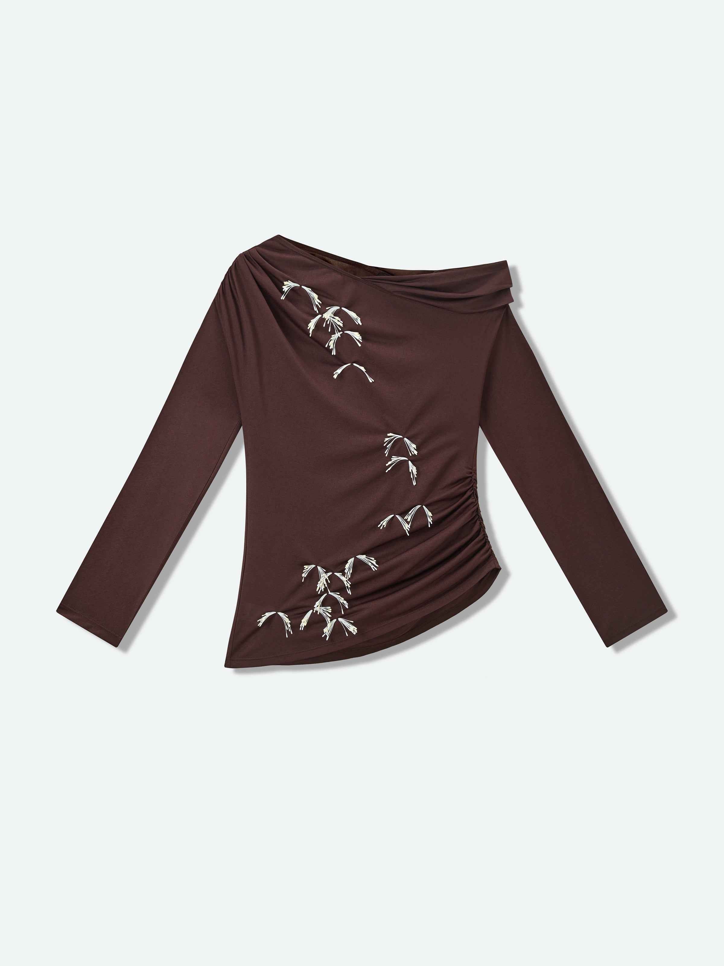 Brown Acetate Poly Knit Shoulder Ruching Diagonal Hem Top
