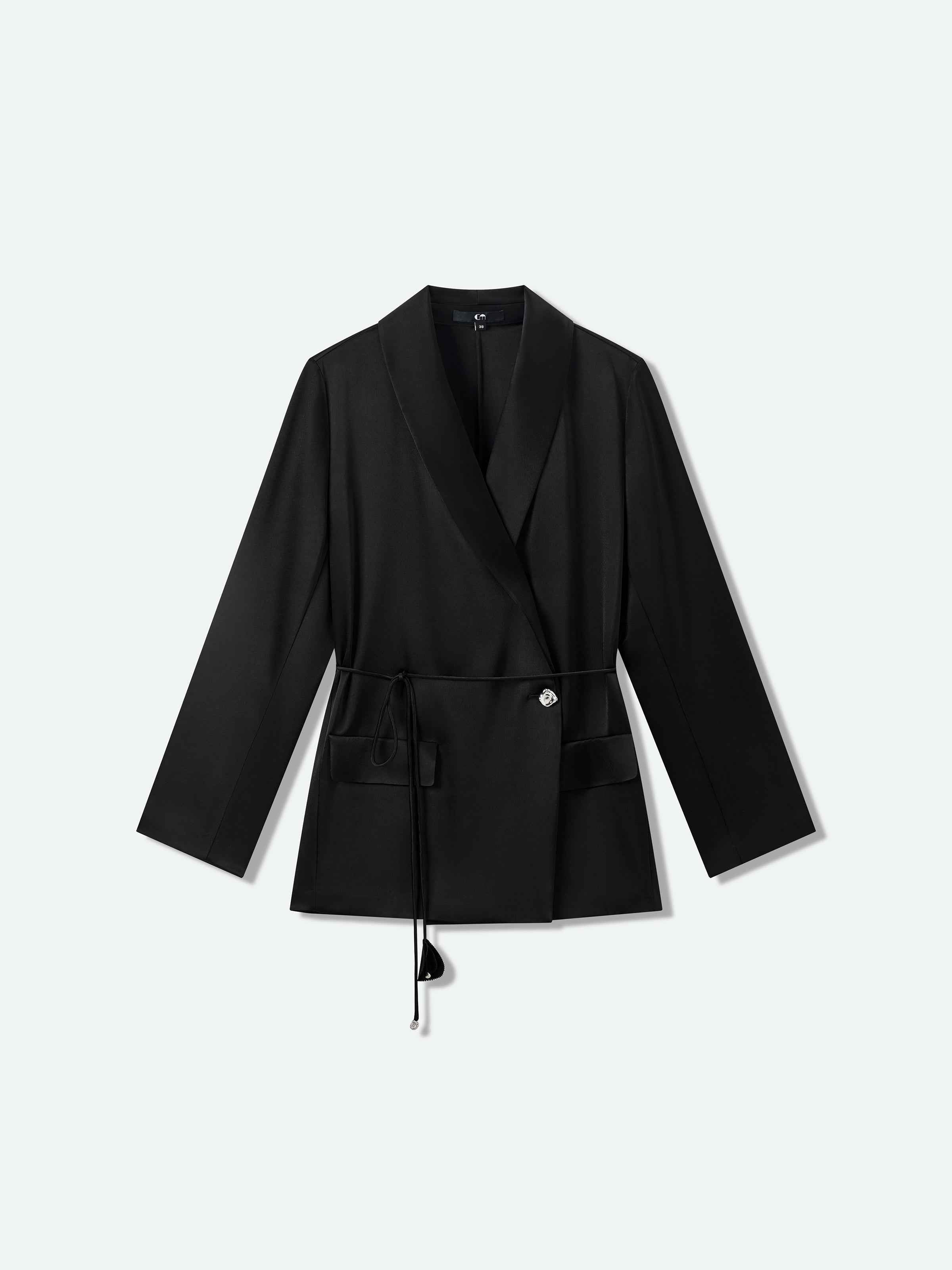 Black Water Wave Satin Shawl Collar Drawstring Blazer