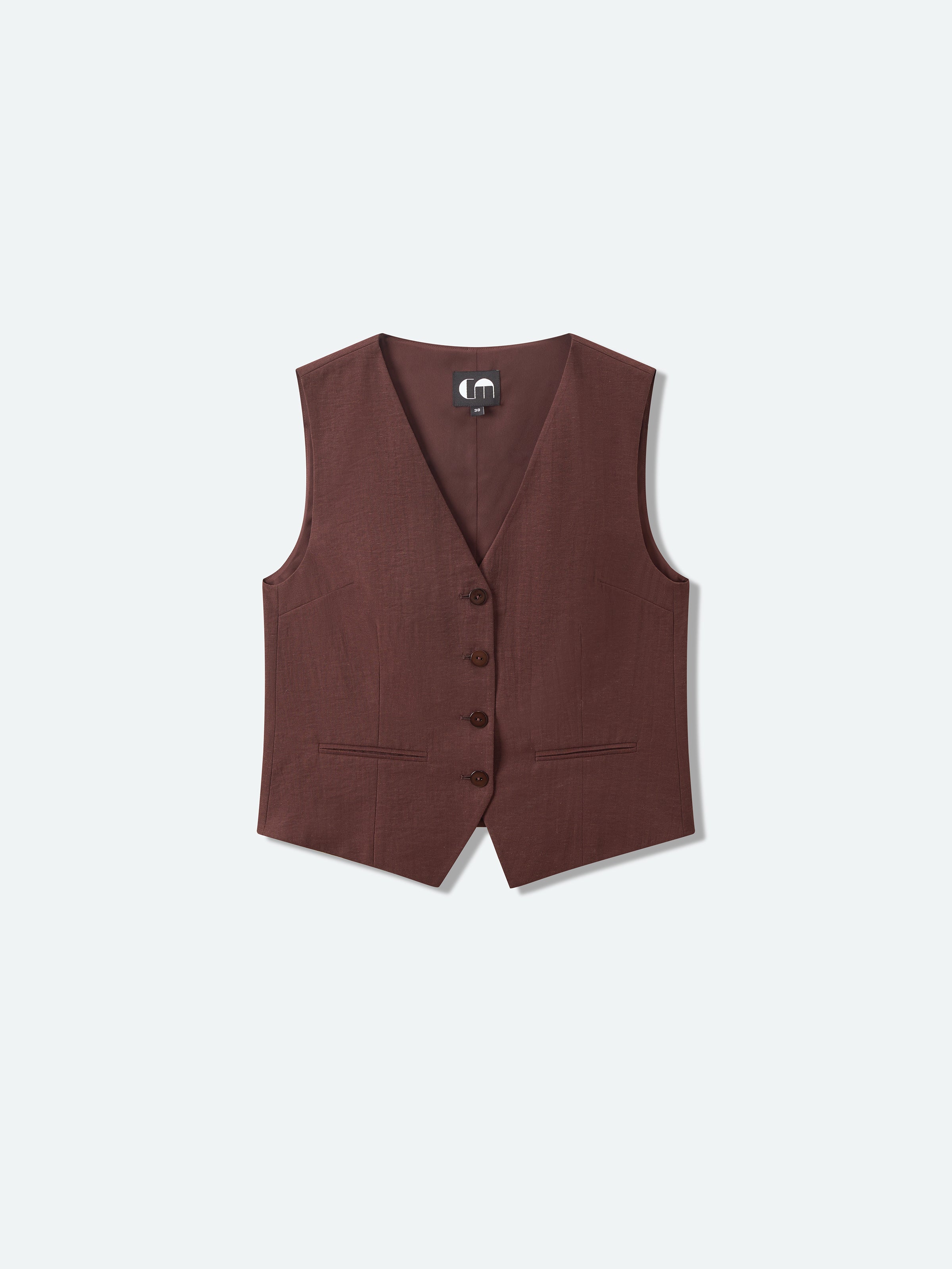 Coffee Brown Linen Blend Shell Button V-Neck Vest