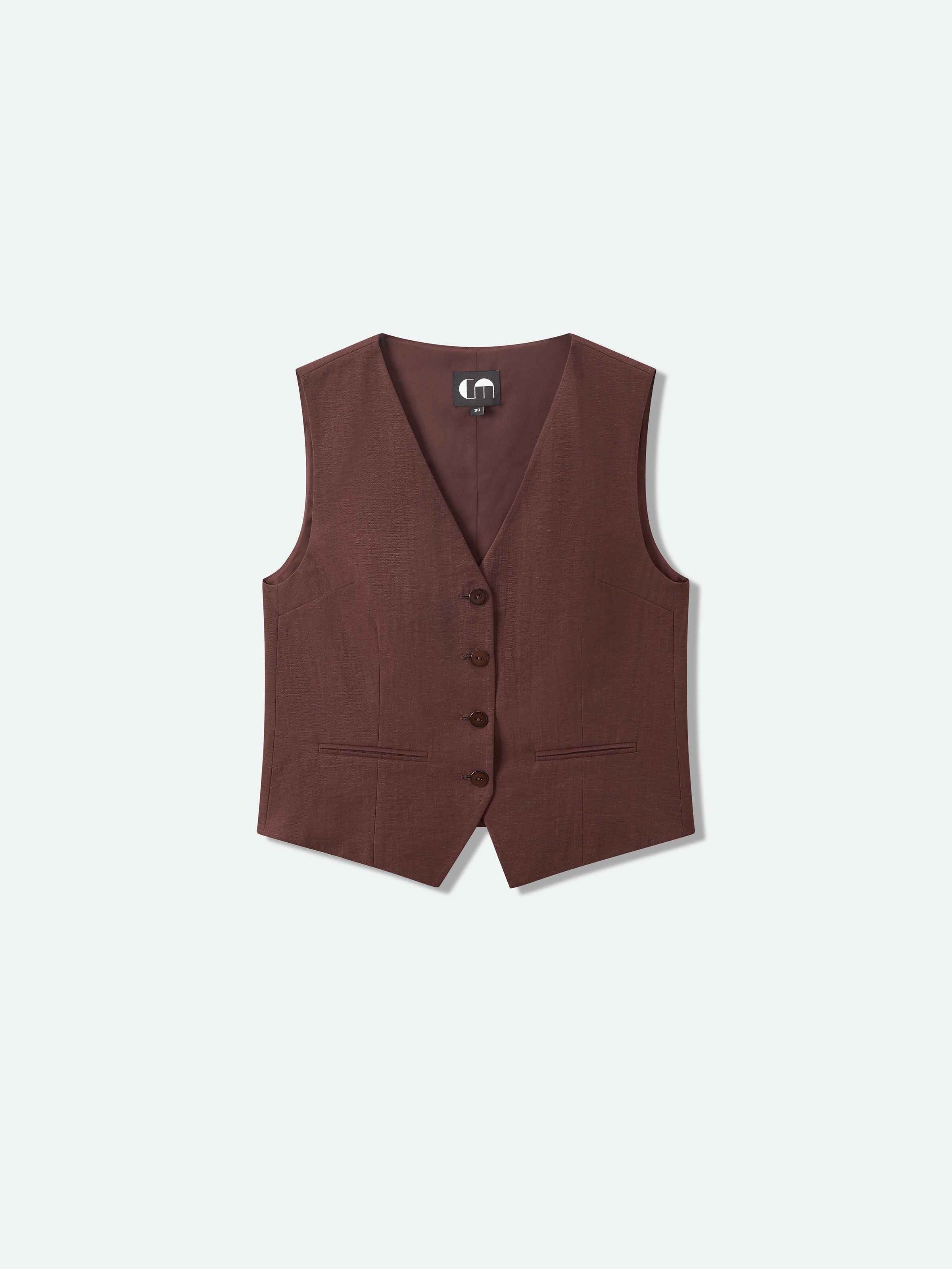 Coffee Brown Linen Blend Shell Button V-Neck Vest