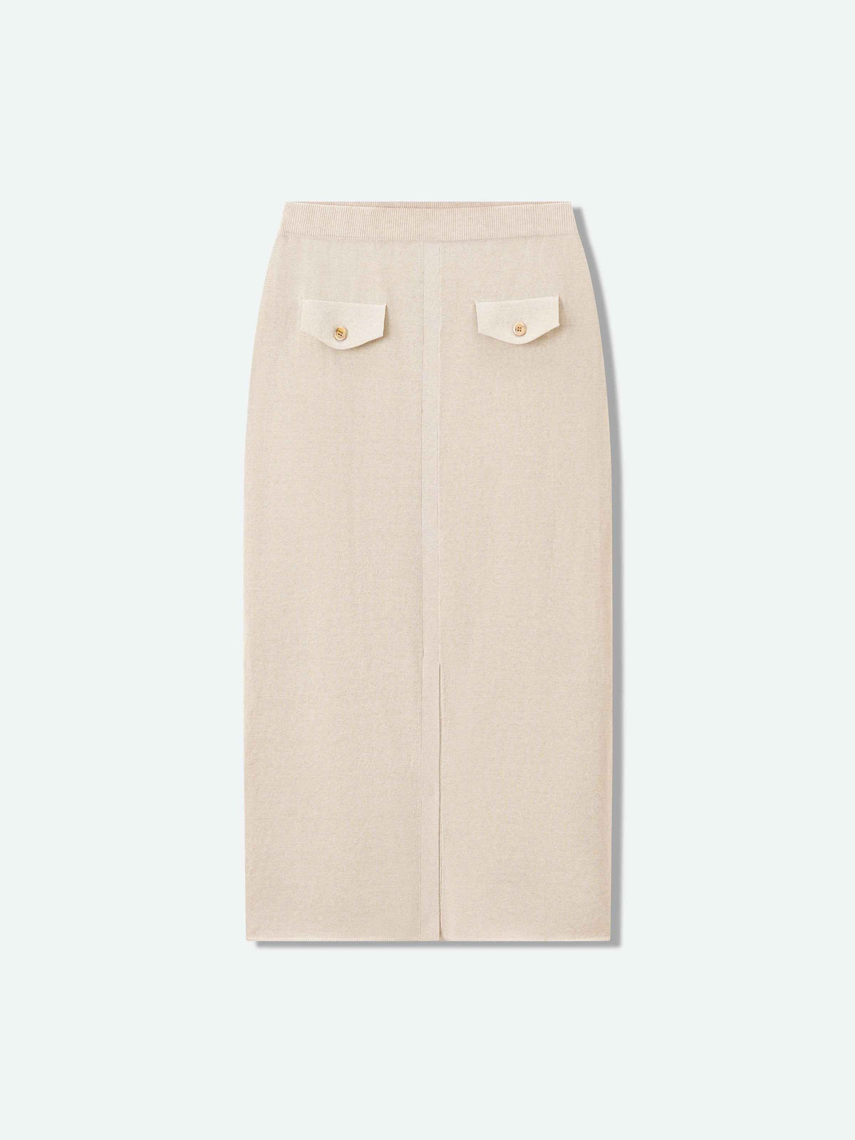 Beige Cotton Linen Knit Straight Patch Pocket Midi Skirt