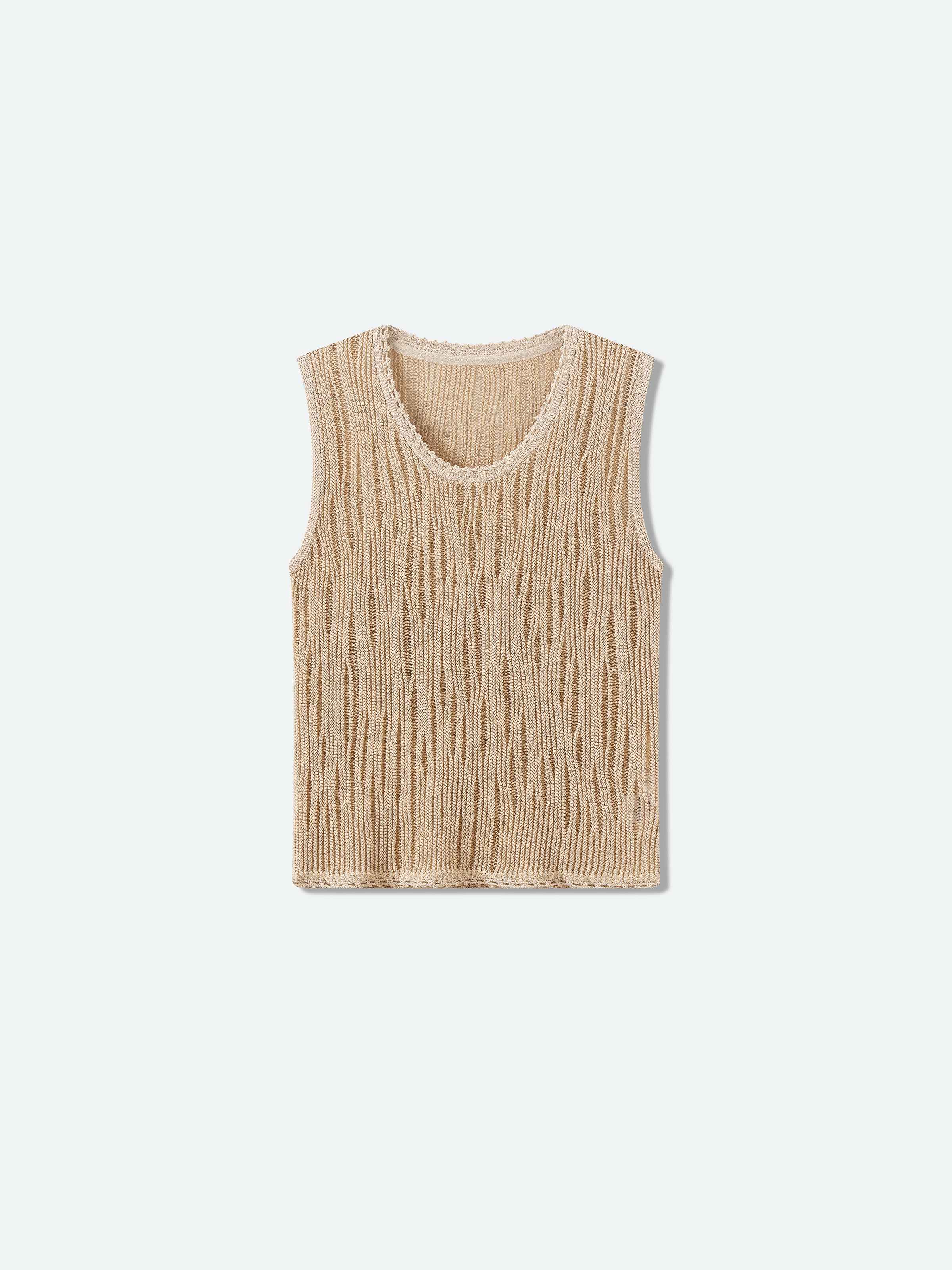 Light Khaki Openwork Floral Trim V-Neck Knit Vest