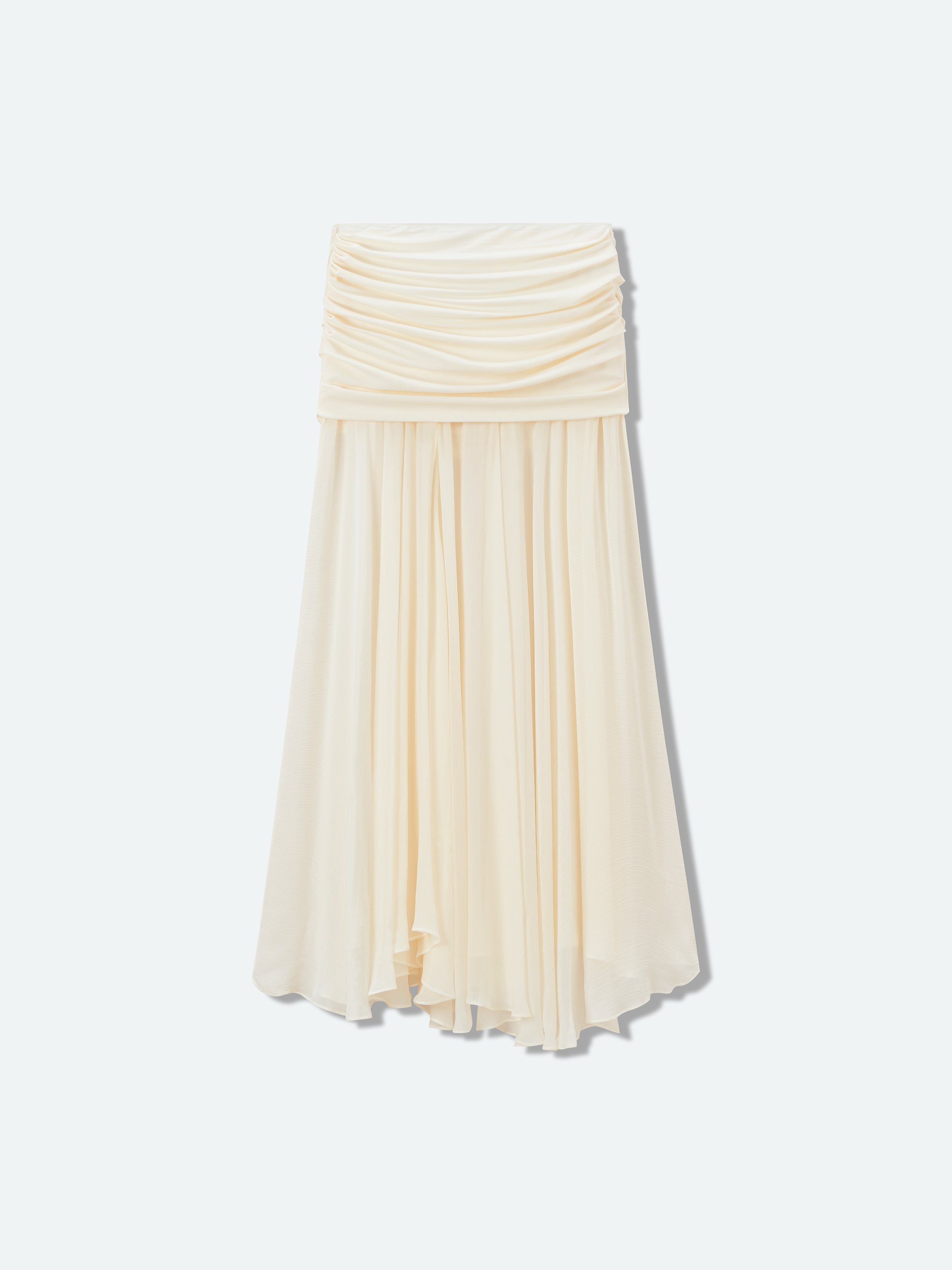 Cream White Silk Blend Gathered Waist Ruched Long Skirt