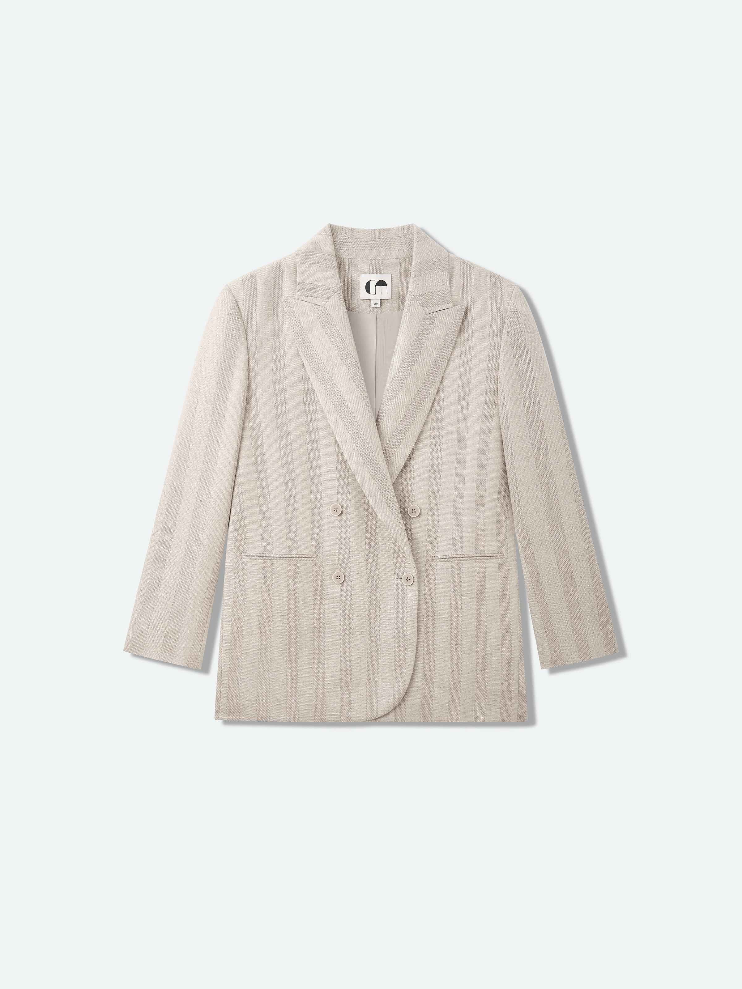 Beige Cotton Linen Peak Lapel Straight Blazer