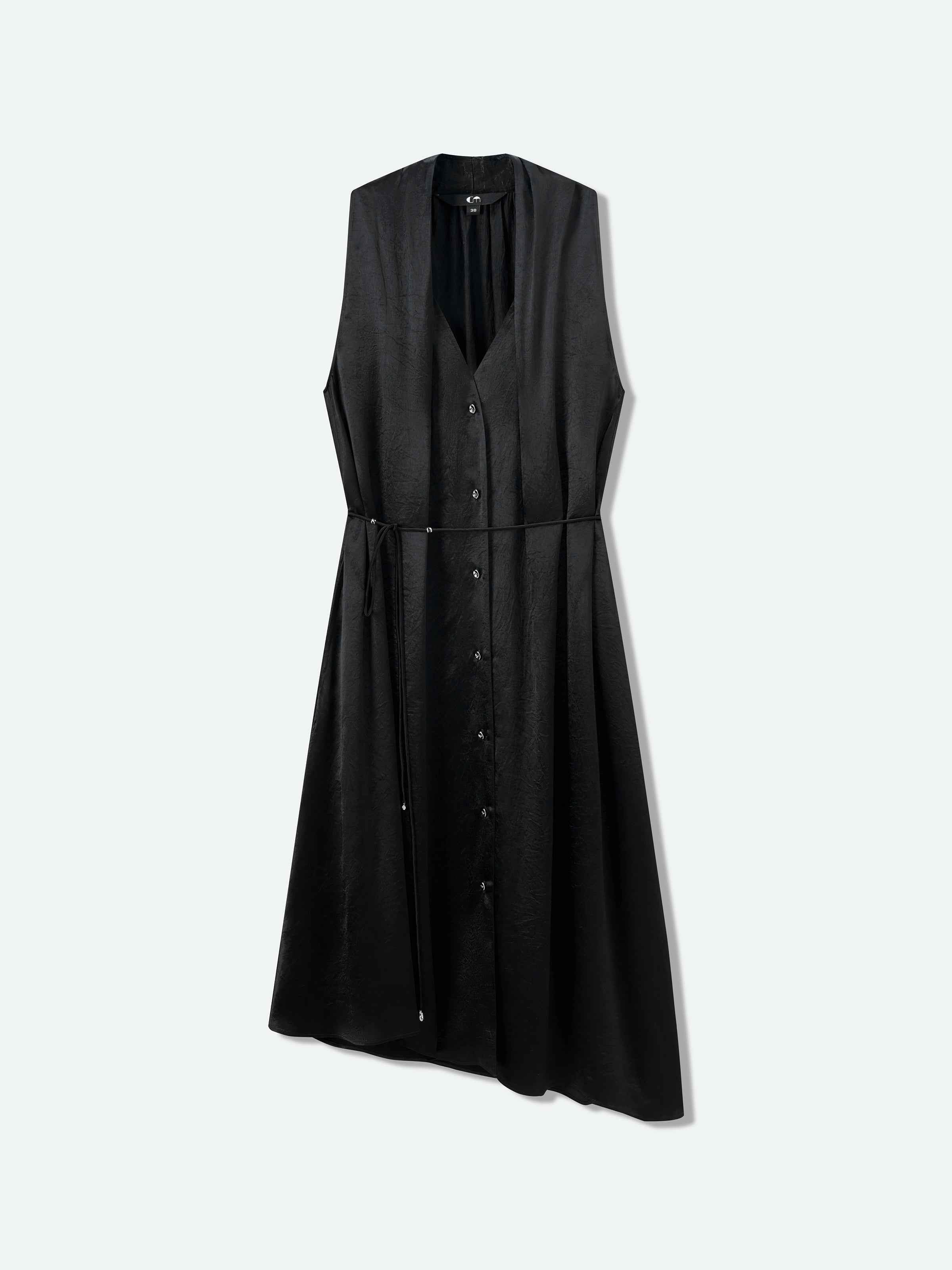 Black Acetate Satin Halter V-Neck Belt Waist Sleeveless Dress