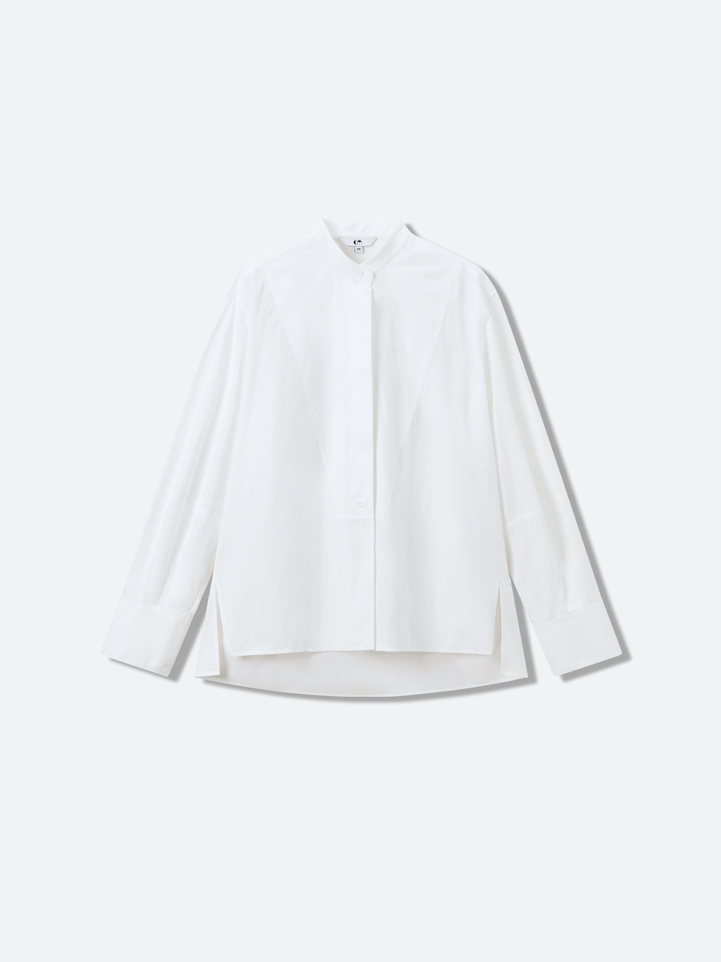 Off White Cotton Crinkle Stand Collar Hidden Placket Shirt