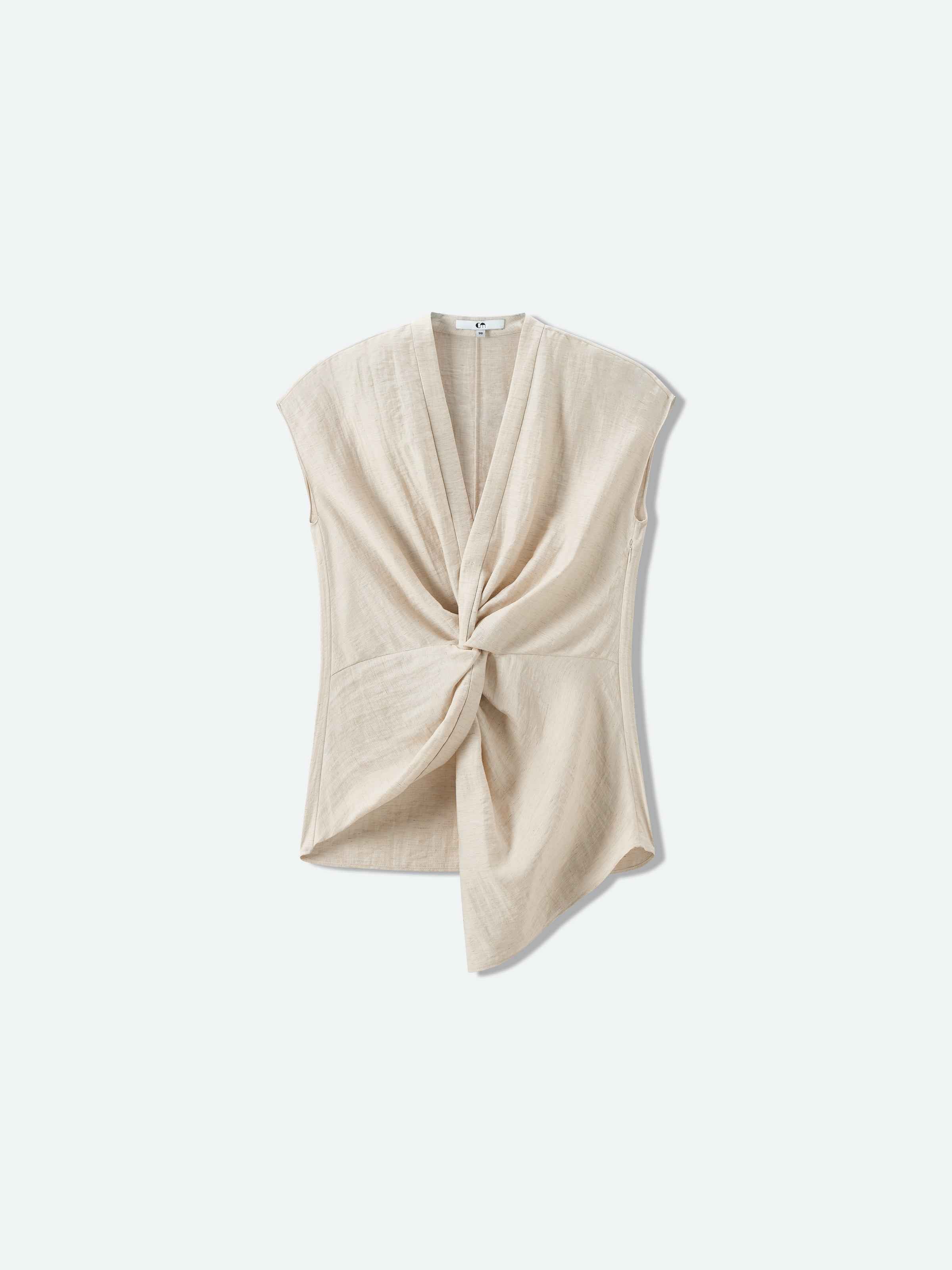 Cream White Linen V-Neck Knot Chest Asymmetric Top