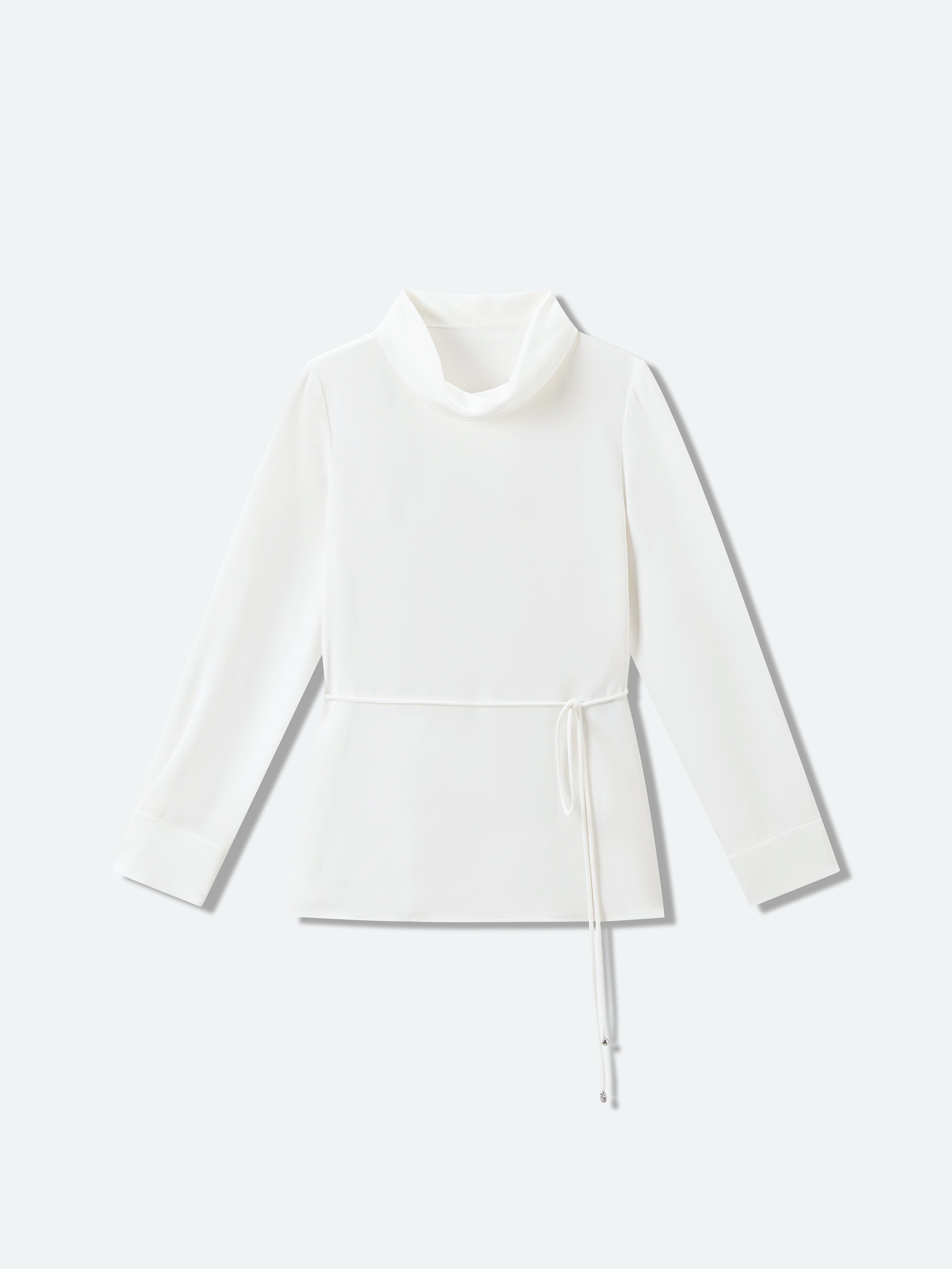 Cream White Mulberry Silk Drawstring Waist Long-Sleeve Top