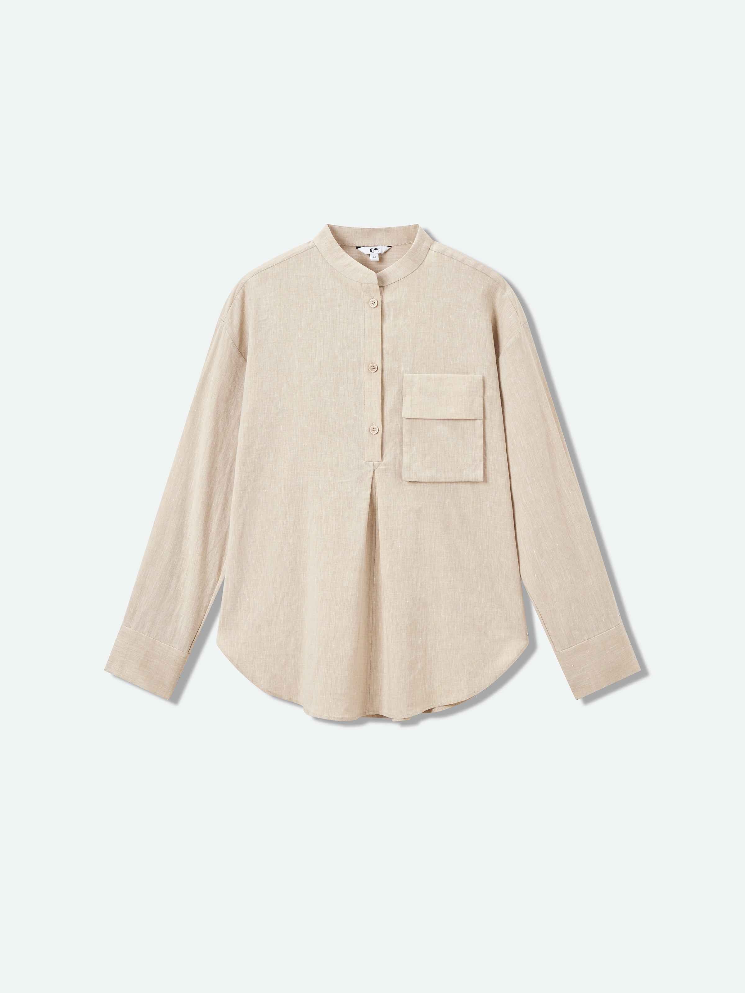 Light Khaki Linen Stand Collar 3D Pocket Long-Sleeve Shirt