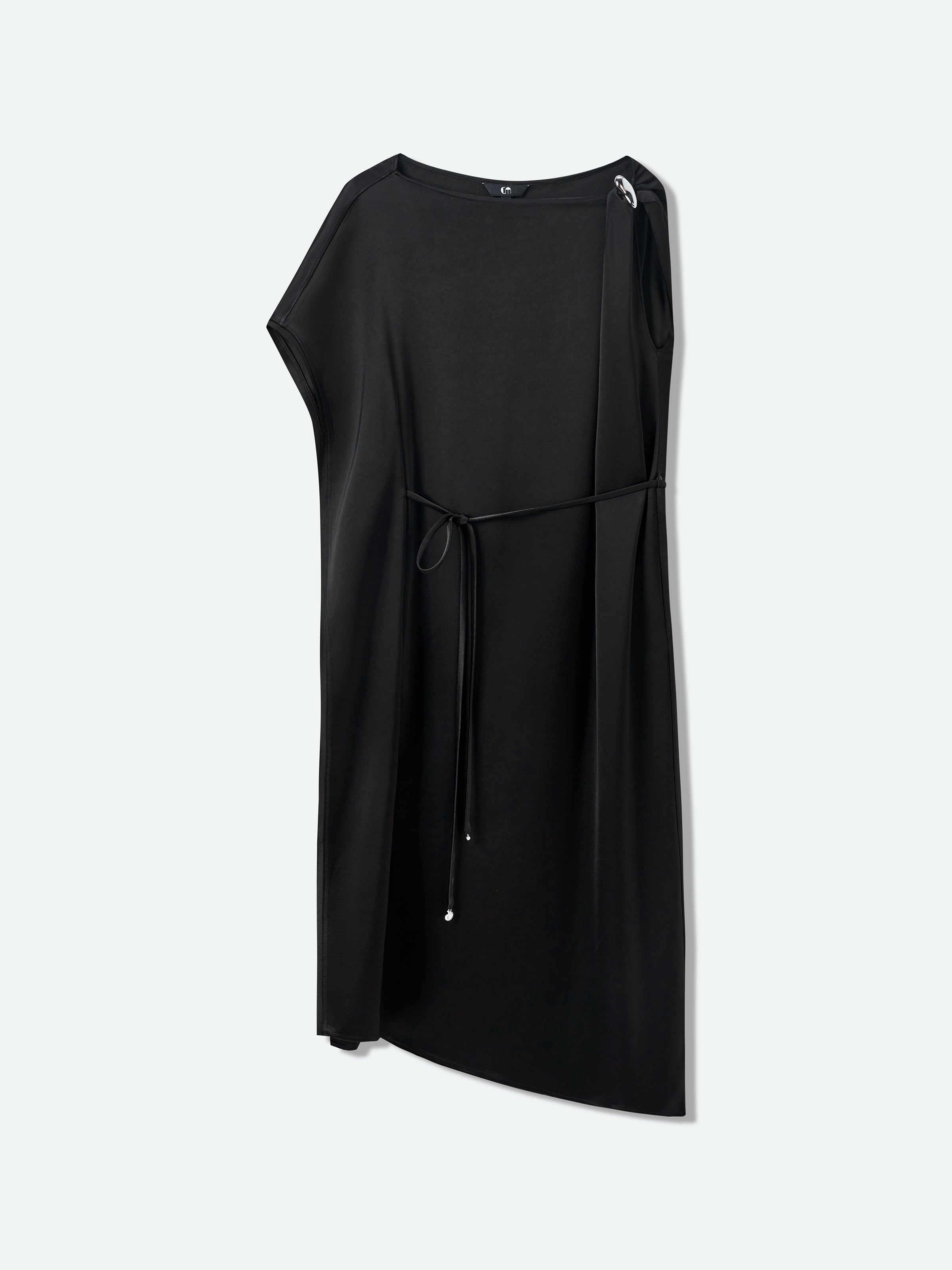 Black Acetate Satin Boat Neck Asymmetric Sleeve Dress