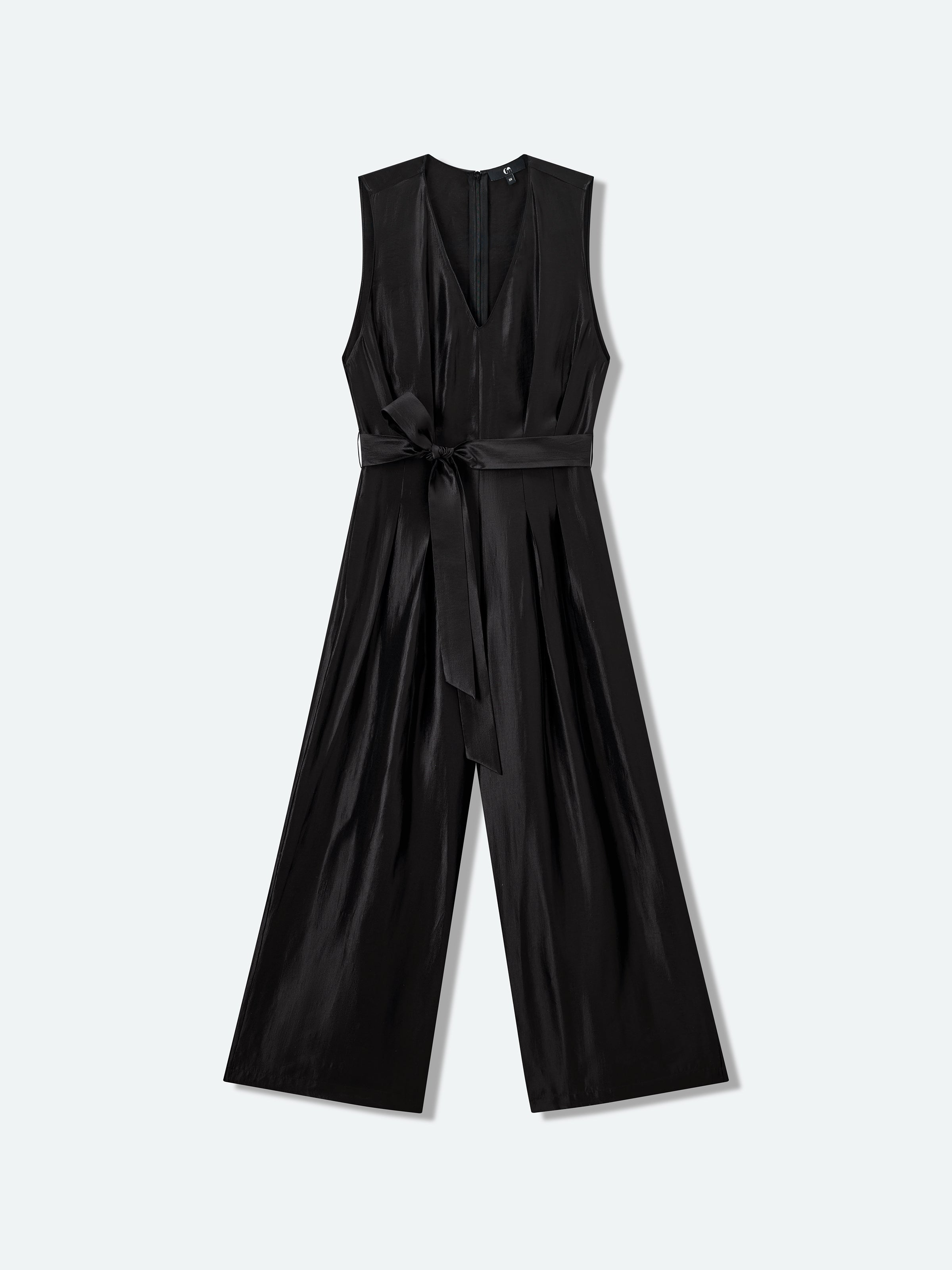 Black Shiny Silk Fitted Waist Wide Streamer Jumpsuit