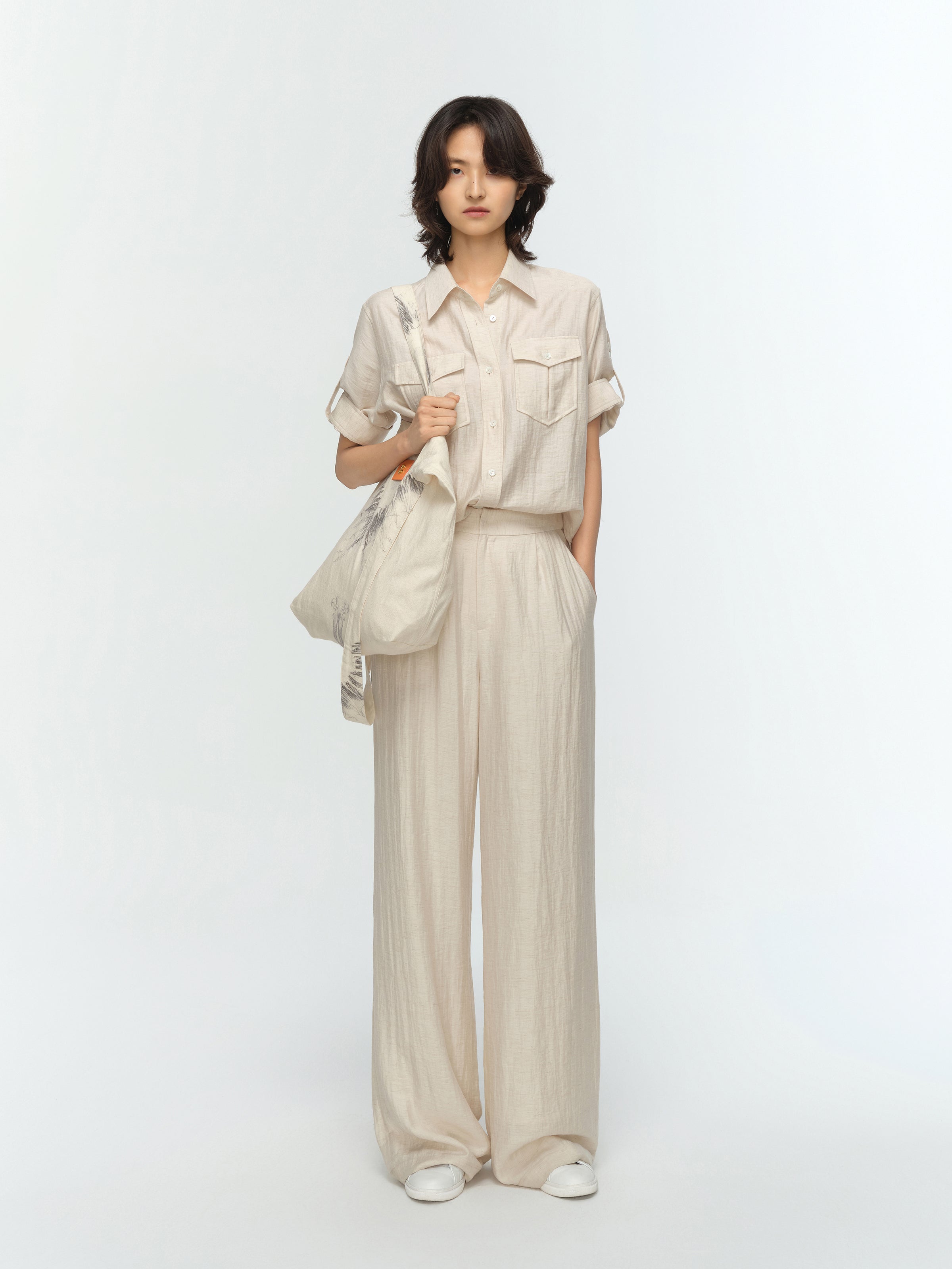Cream White Linen Utility Pocket Straight Short-Sleeve Shirt