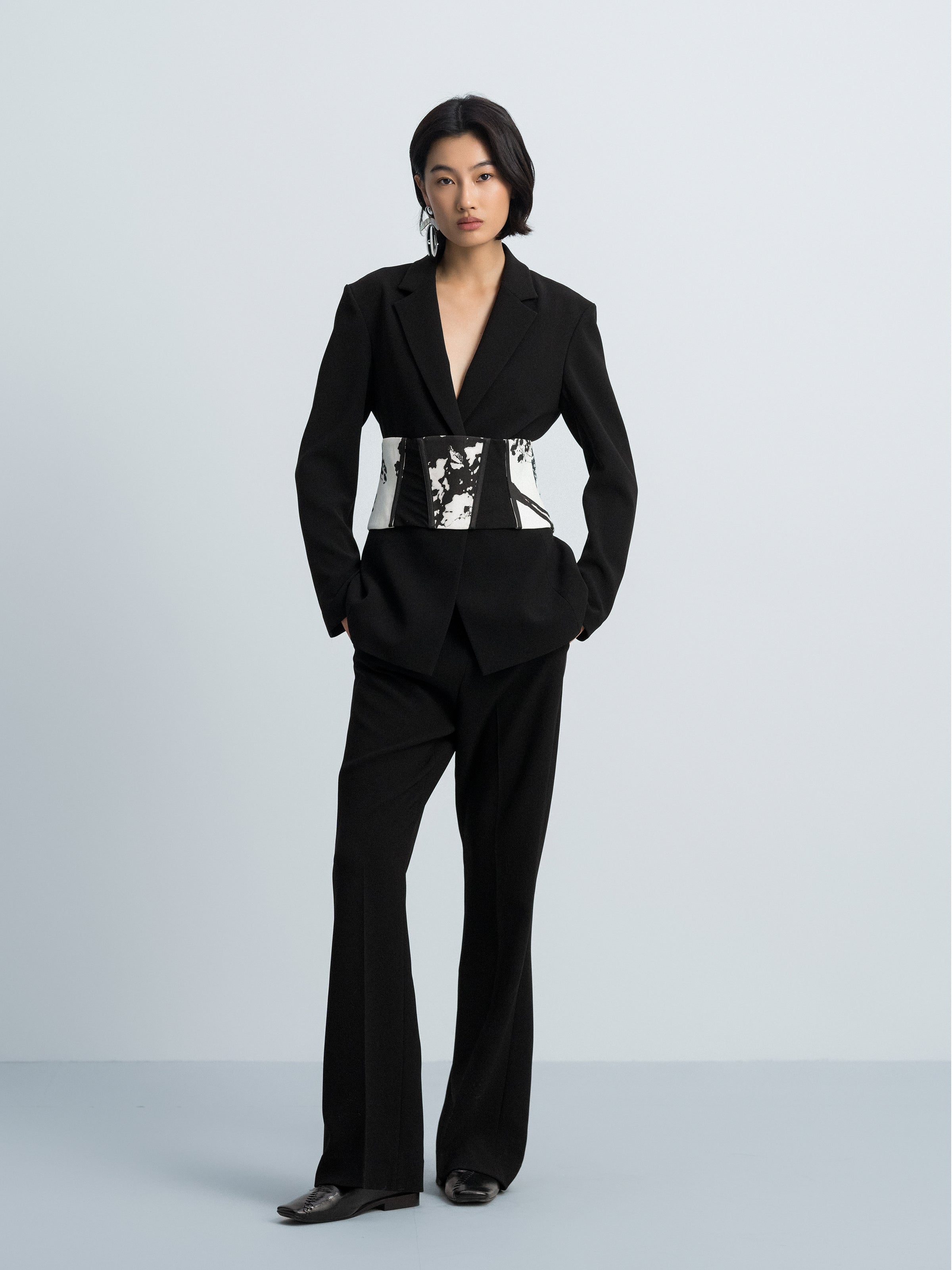 Black Triacetate Polyester Fitted Waist Detachable Belt Blazer
